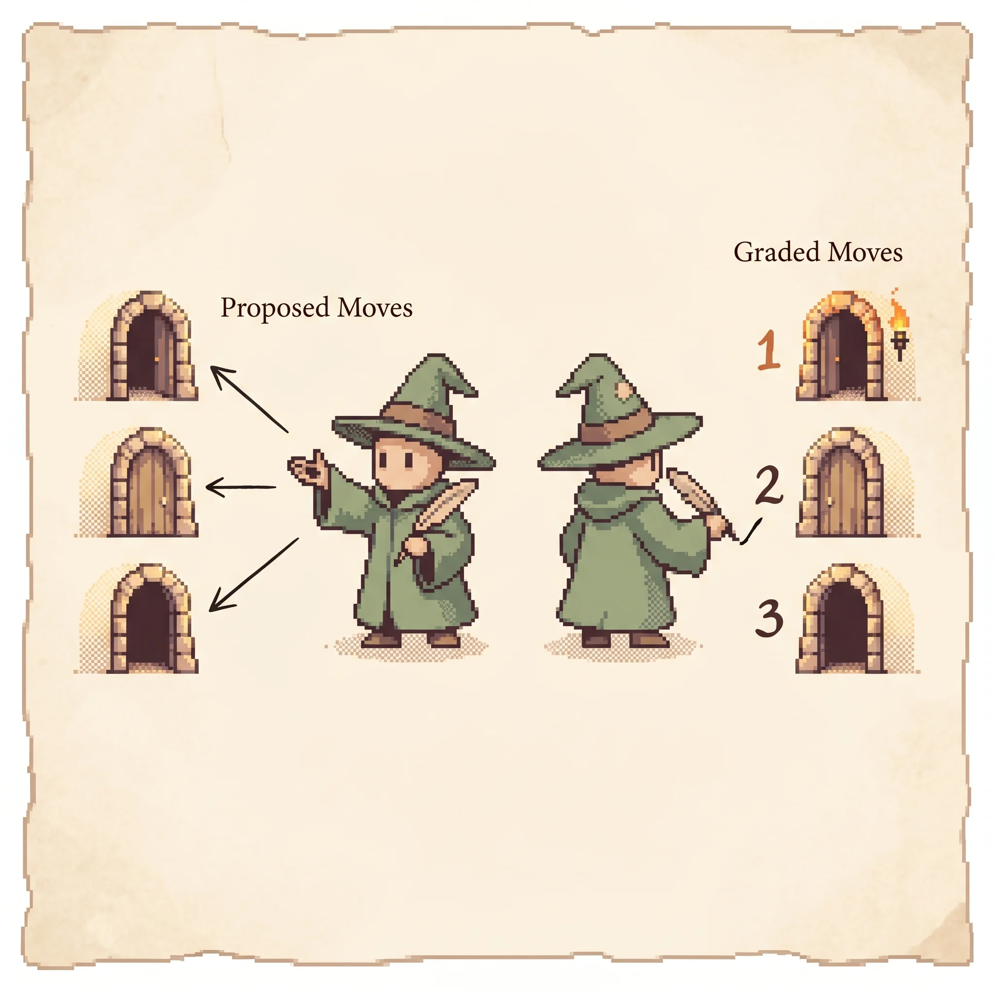 One pixel-art wizard shown twice, on the left sketching three doorways onto the page and on the right writing rank numbers one, two, three beside the same three doors with a quill, the top-ranked door glowing clay-orange, showing that a single model plays both the actor that proposes the next clicks and the critic that grades them.