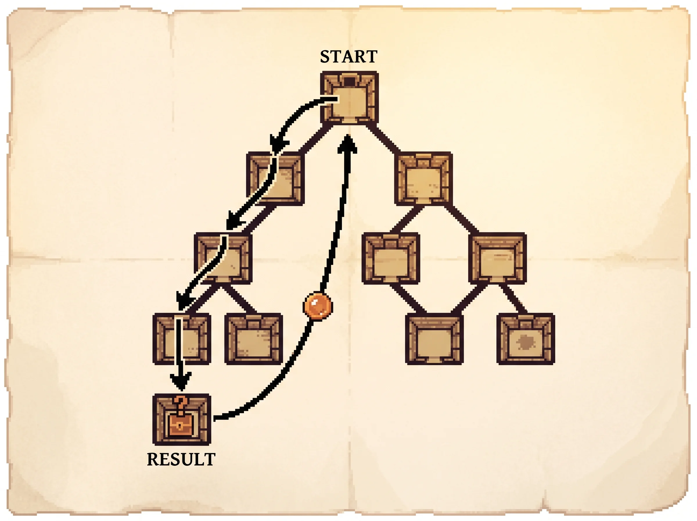 A branching tree of pixel-art rooms with a black ink arrow going down the left branch from the START room to a chest marked RESULT, and a curved arrow carrying a small clay-orange token back up to the start, showing the search picking a path, trying it all the way to a result, then carrying the score back up the tree.