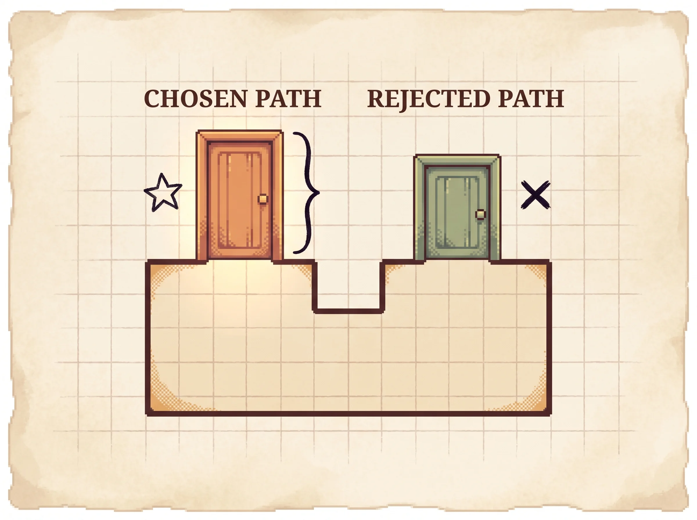 Two sibling pixel-art doorways at different heights share one room below, an ink brace measures the gap between them, the taller clay-orange door gets a star marked CHOSEN PATH and the shorter sage door gets a cross marked REJECTED PATH, showing that where two sibling moves differ in value by more than a threshold the better one becomes the preferred example and the worse one the rejected example for fine-tuning.