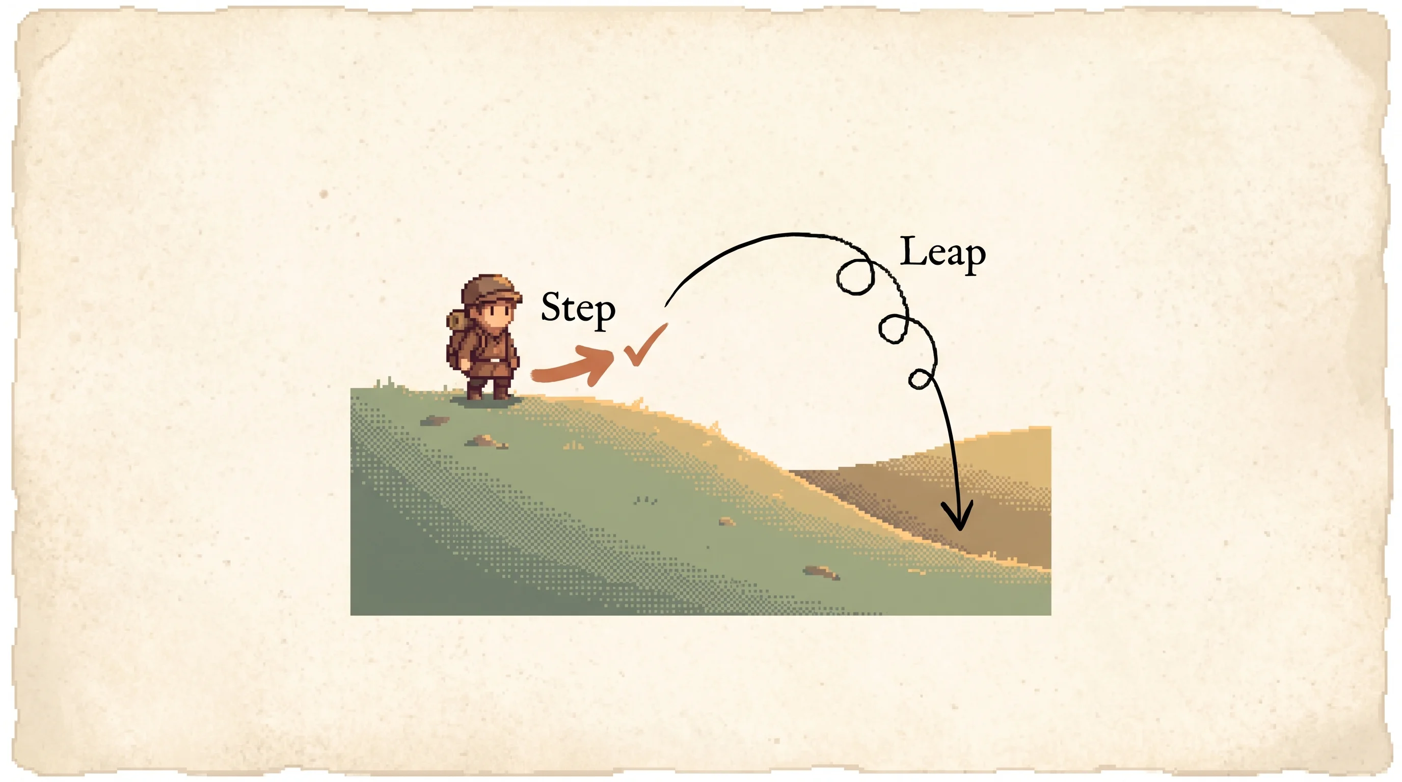 A pixel explorer on a hillside with a short clay-orange step-arrow nudging a little uphill to a check mark, beside a long thin arrow that leaps high and tumbles down to land lower than the start, showing that a small careful step is a sure climb while a confident greedy leap can drop you below where you began because the ground shifts as you move.