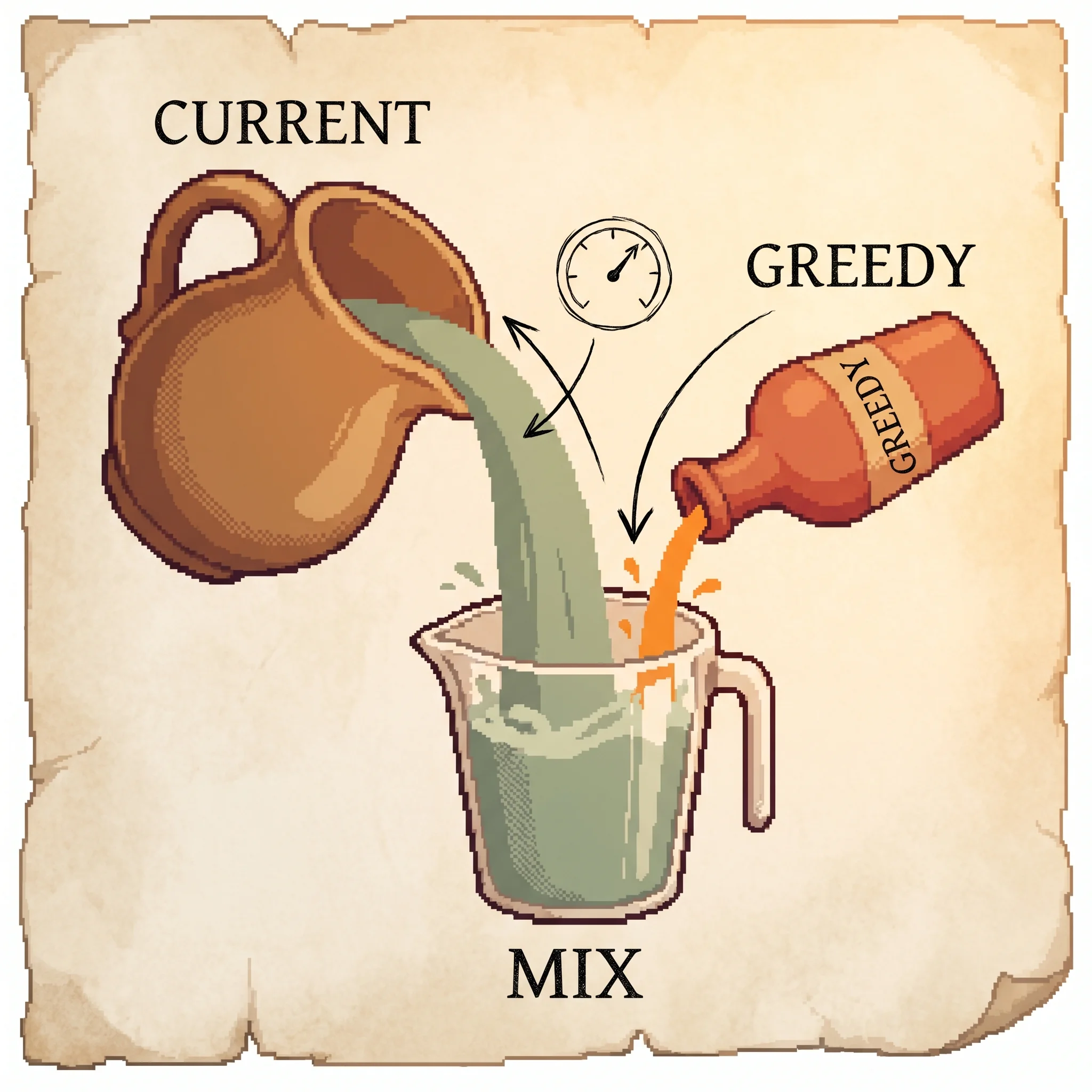 A large pitcher pouring a wide sage stream and a small clay-orange bottle adding a thin splash into one measuring cup, with a dial between them, showing that the updated policy is mostly the current habit with only a small fraction of the greedy move mixed in.