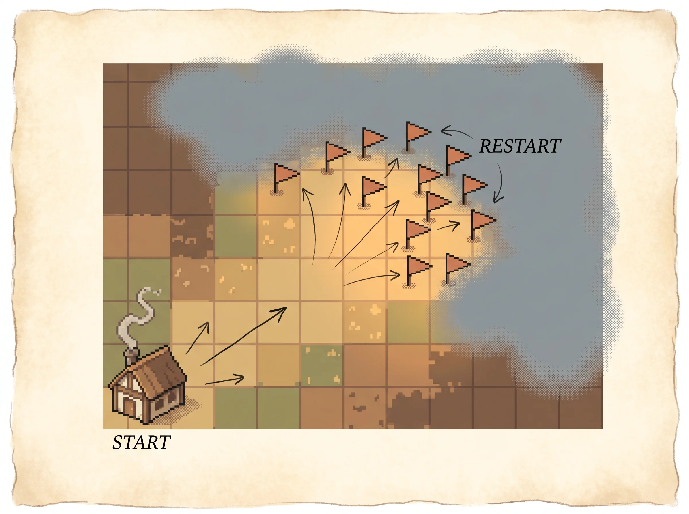 A grid map with a small house in the bottom-left corner and grey fog over the far corners, then clay-orange restart flags scattered across the far cells lifting the fog, showing that practicing only from the start leaves rarely-reached states in the dark while scattering the starting points reveals the whole map.