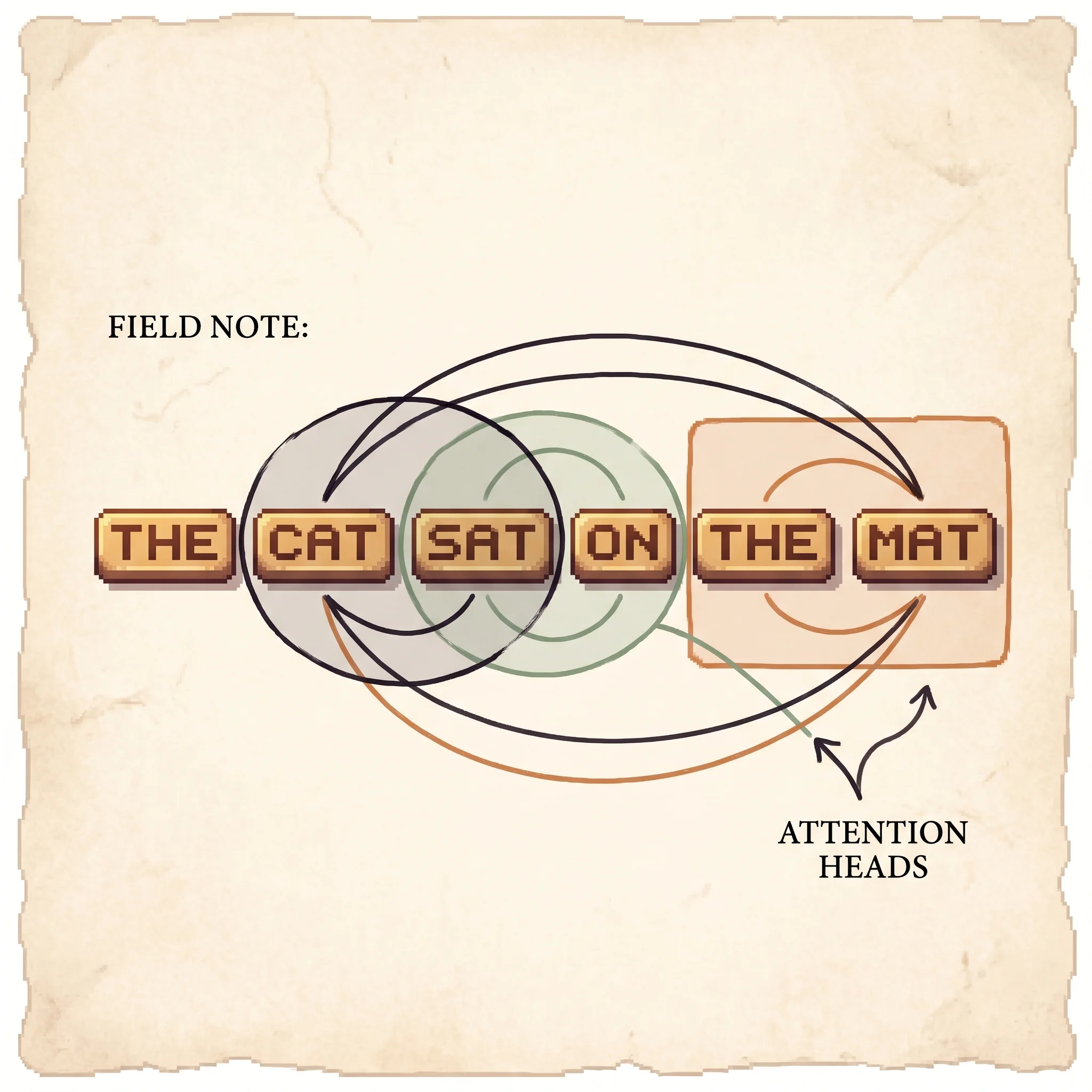 The sentence 'the cat sat on the mat' as pixel word tiles, with three translucent lenses laid over it in different tones, each lens tracing its own pattern of curved arcs between words, showing that several attention heads read the same sentence through different lenses at once.