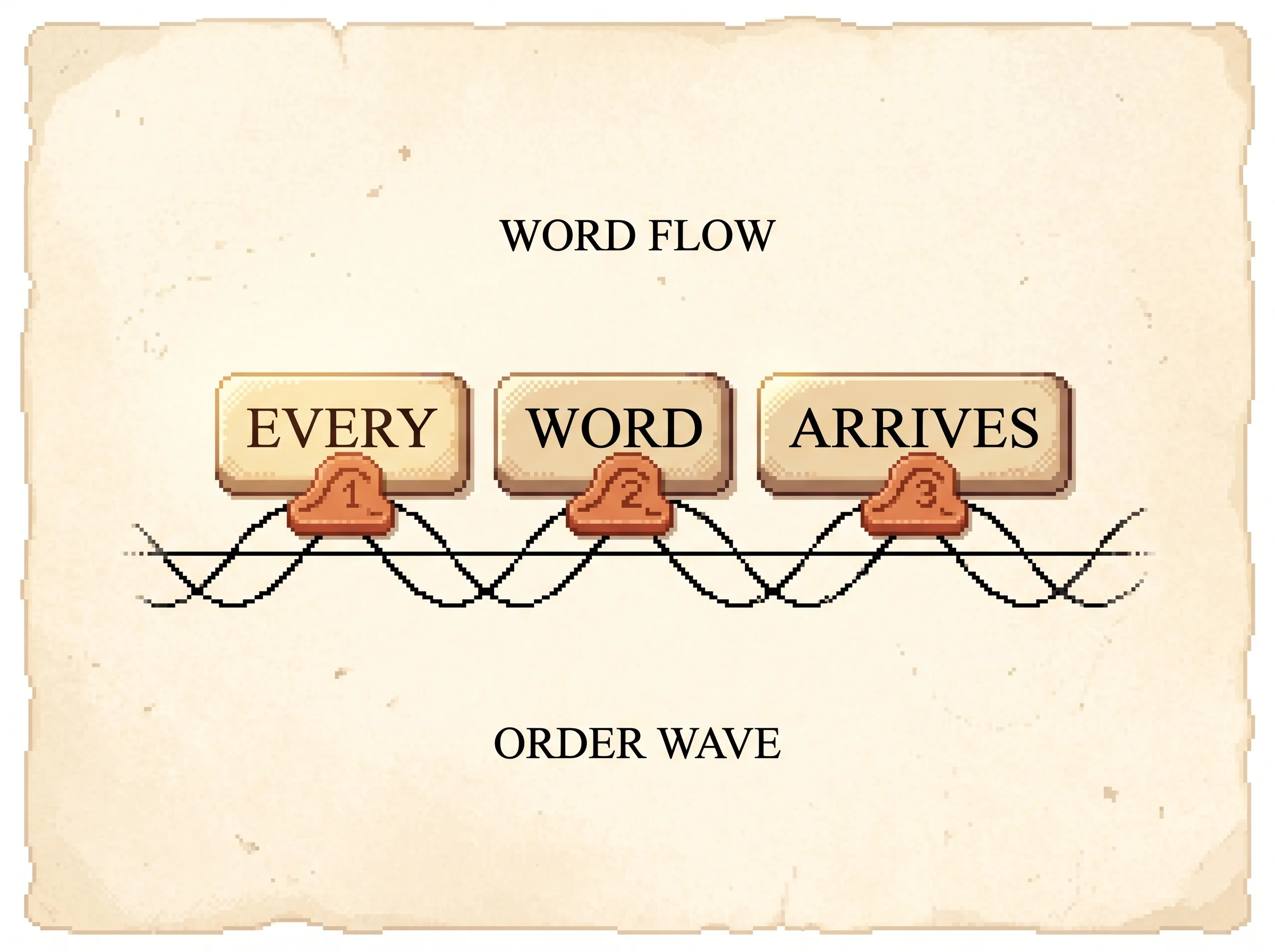 Three pixel word tiles labelled every, word, arrives sit above a sine and cosine wave ribbon that touches each tile with a numbered clay-orange stamp, showing that because the words arrive all at once each one gets a wave-shaped position stamp so order is never lost.