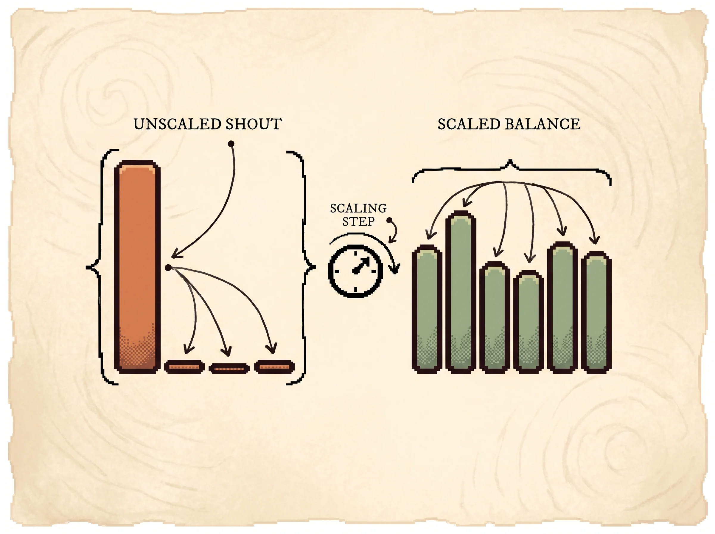 On the left a single tall clay-orange bar towers over tiny flattened bars while on the right a row of balanced sage bars stands evenly, with a small dial between them marking the scaling step, showing that dividing the scores keeps attention from collapsing onto one word.