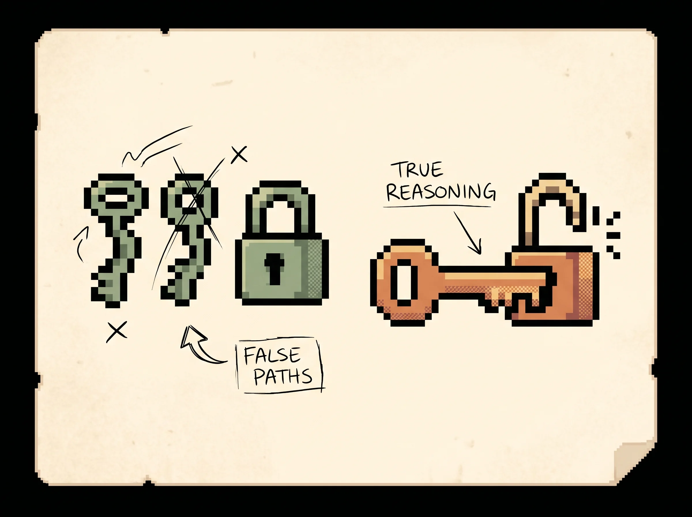 Two sage-green keys crossed out and labeled false paths fail to fit a lock, while one clay-orange key labeled true reasoning turns and opens the same lock, showing that look-alike shortcuts like emitting only the equation or only filler tokens do not give the boost that real worked reasoning does.