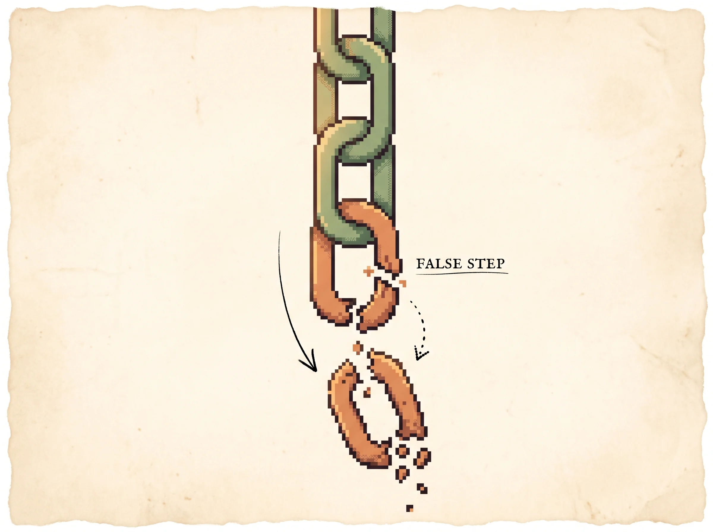 A vertical chain with sound sage-green links at the top, a cracked clay-orange link in the middle labeled false step, and a shattered link below it, showing that one wrong reasoning step poisons every step that follows.