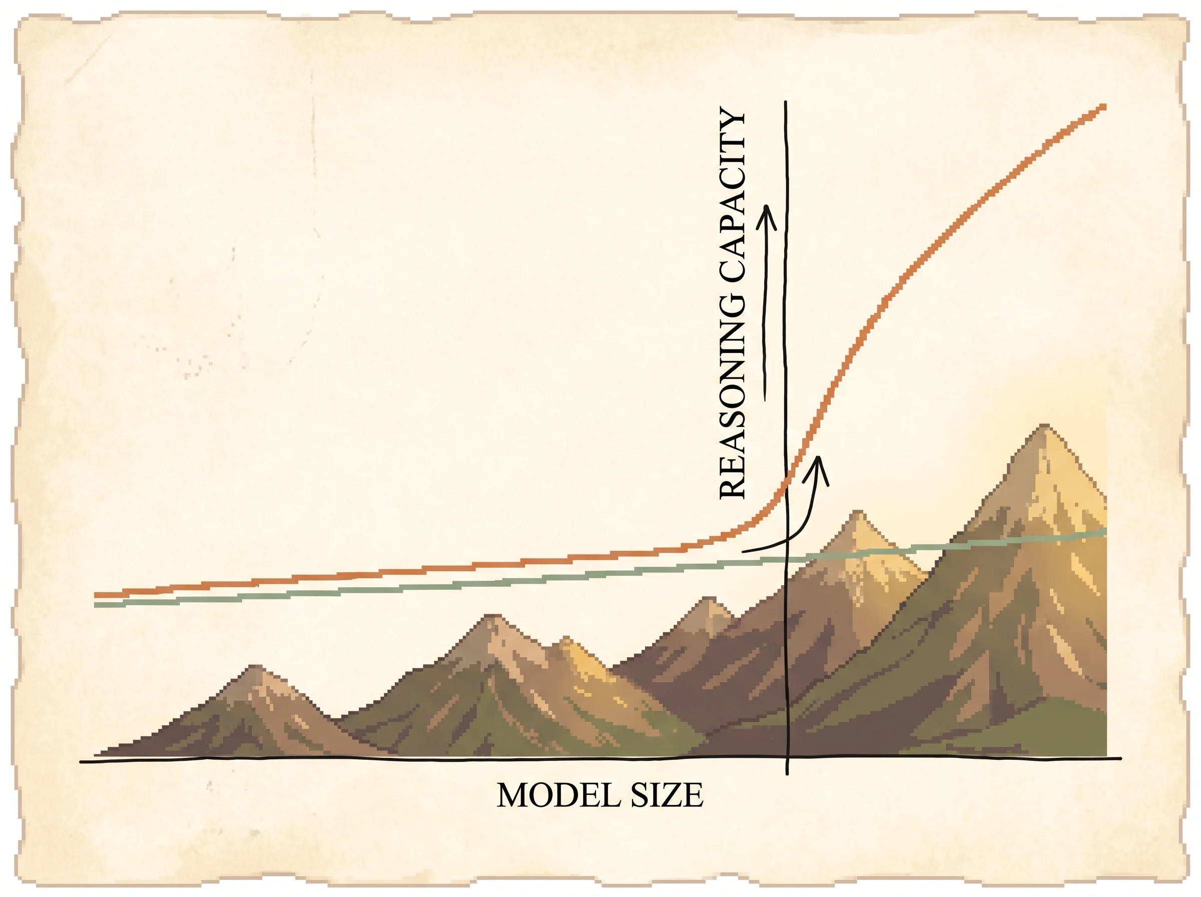 An inked line graph over a row of pixel-art mountains that grow taller from left to right, with a flat low sage curve and a clay-orange curve that hugs it then leaps upward past a marked threshold, showing that reasoning switches on only once a model grows past a certain size.