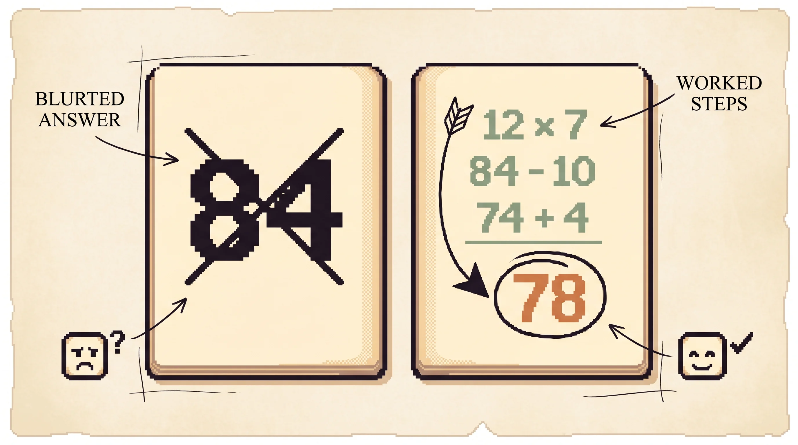 Two pixel-art notebook pages side by side, the left holding one big crossed-out number labeled blurted answer beside a frowning face, the right holding three small worked lines that flow down an ink arrow into a circled clay-orange final number beside a smiling face, showing that writing out the steps reaches the right answer where blurting one number does not.