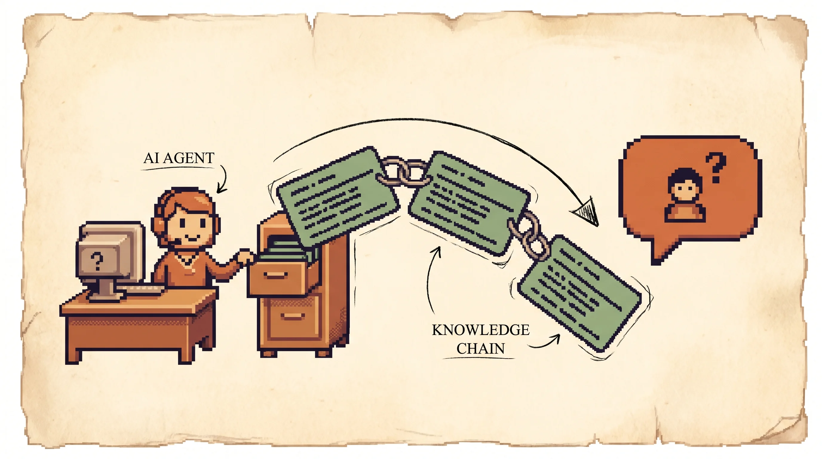 A pixel-art help-desk agent at a desk pulls a chain of linked record cards from a filing cabinet toward a customer's question bubble, with ink arrows tracing the dependency from card to card, showing that answering a real CRM question means chaining many connected lookups in order.