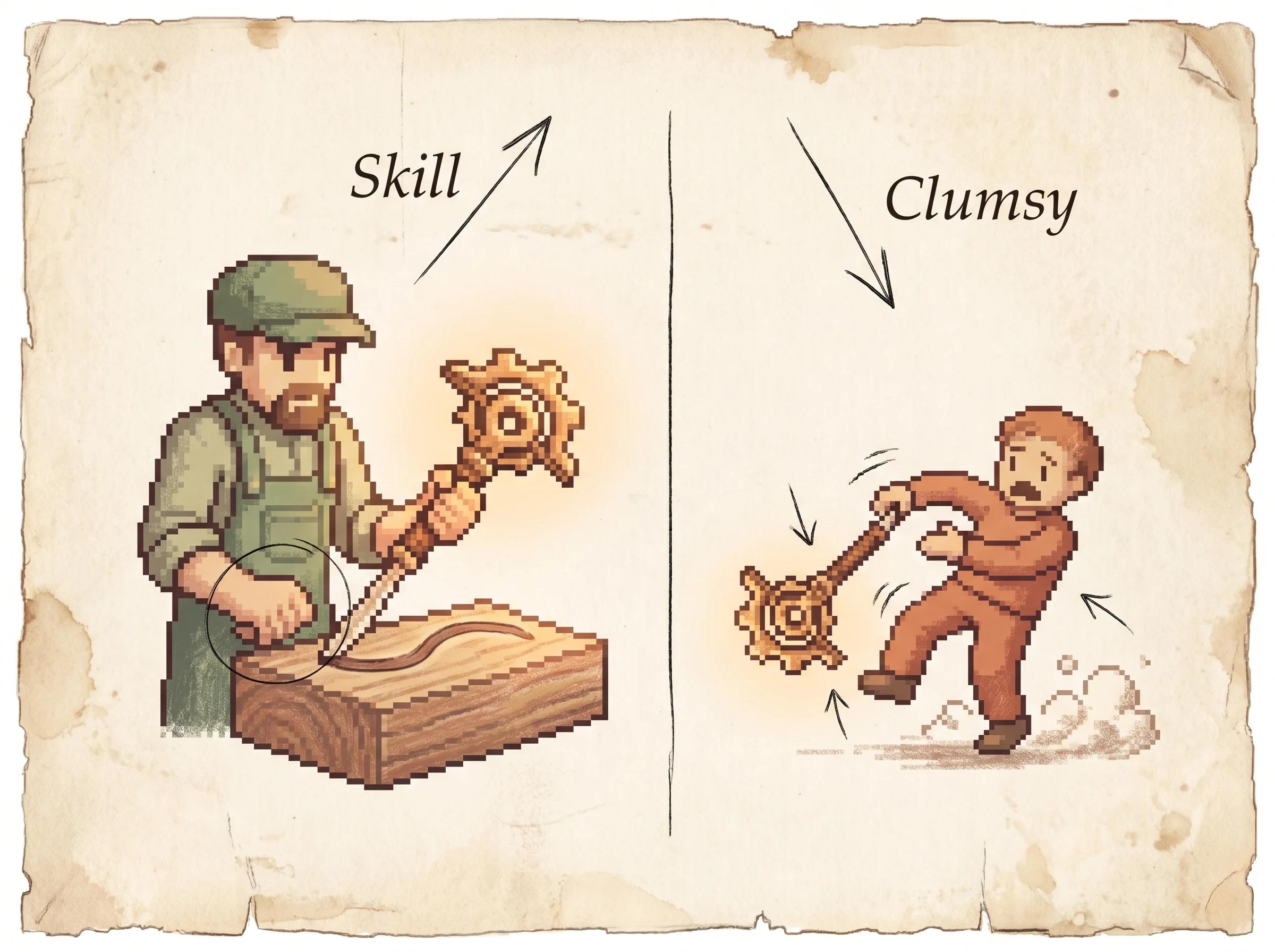 A skilled pixel worker wields a gear-shaped tool smoothly on the left while a clumsy worker fumbles the very same tool on the right, with an up arrow over the skilled side and a down arrow over the clumsy one, showing that a handed tool helps a strong agent but trips up a weak one.