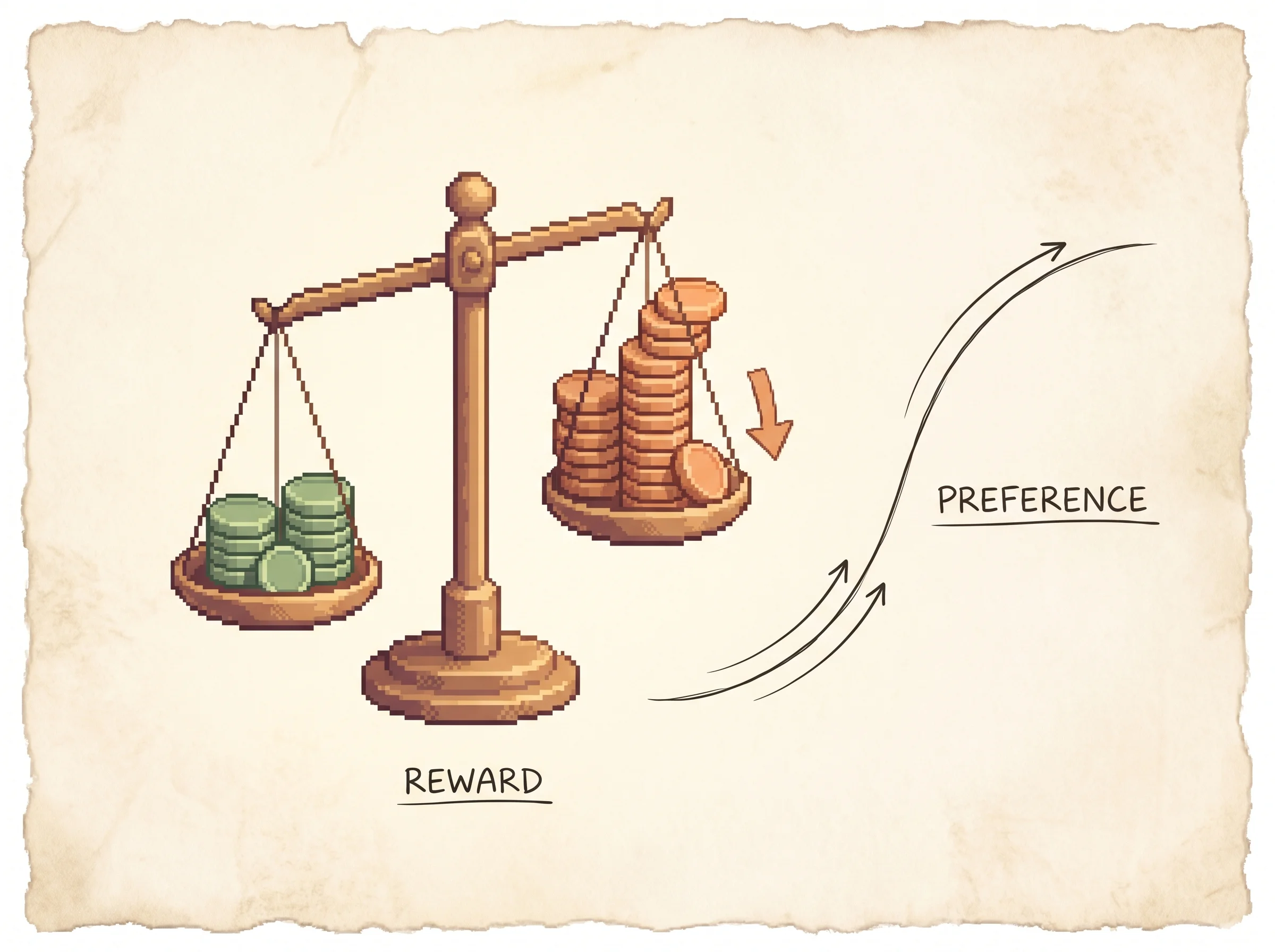 A pixel-art balance scale on parchment weighing two stacks of small reward coins, one stack taller, with an ink S-curve beside it showing the taller stack winning more often but not always, illustrating that the chance a clip is preferred rises smoothly with how much more total reward it earns.
