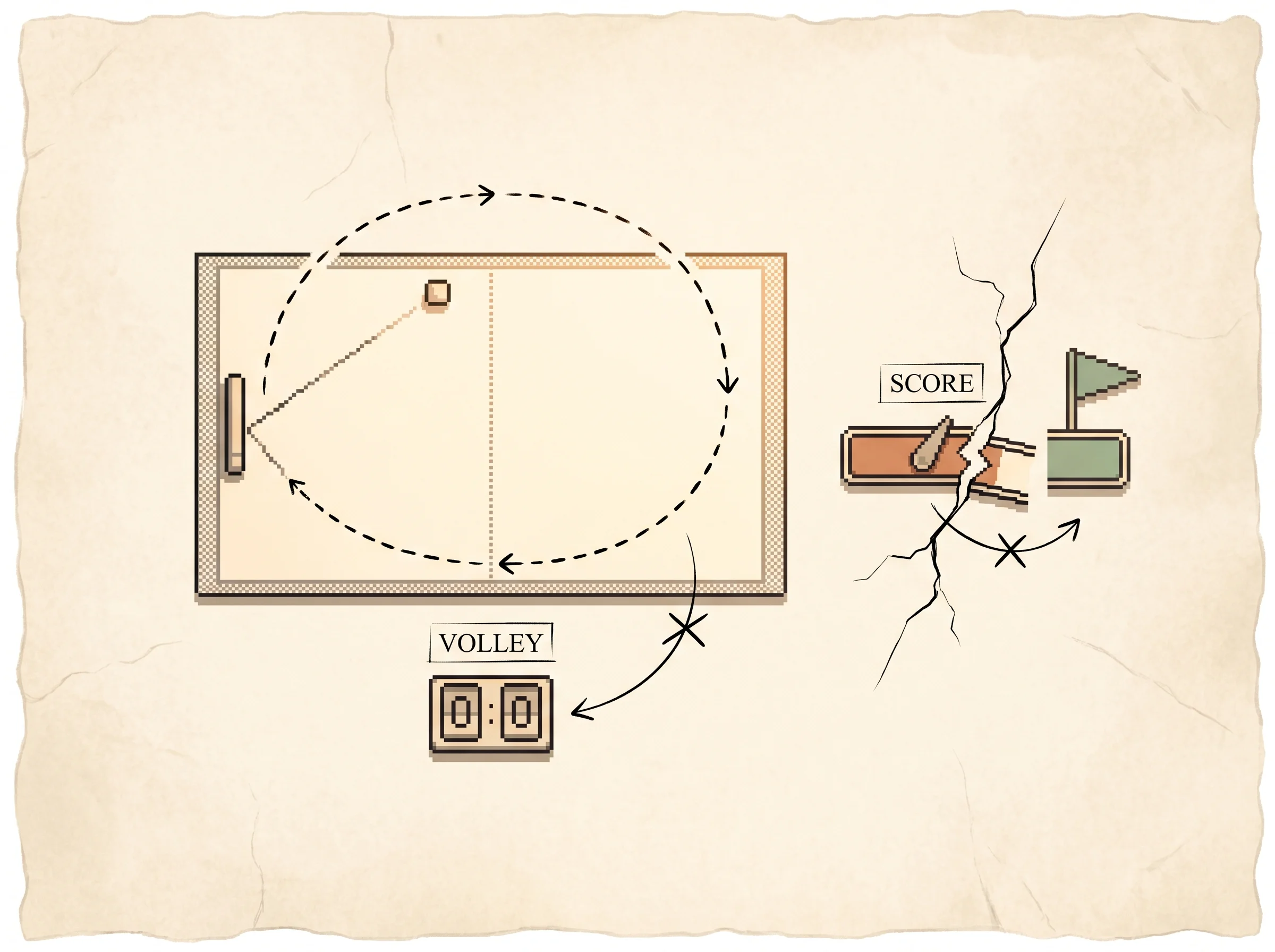 A pixel-art Pong paddle on parchment endlessly bouncing a ball in a long volley while a true-score counter stays at zero, with a thin ink crack splitting a reward gauge from the real goal flag, showing that a reward fit only on old offline clips can be gamed into behavior that scores nothing.