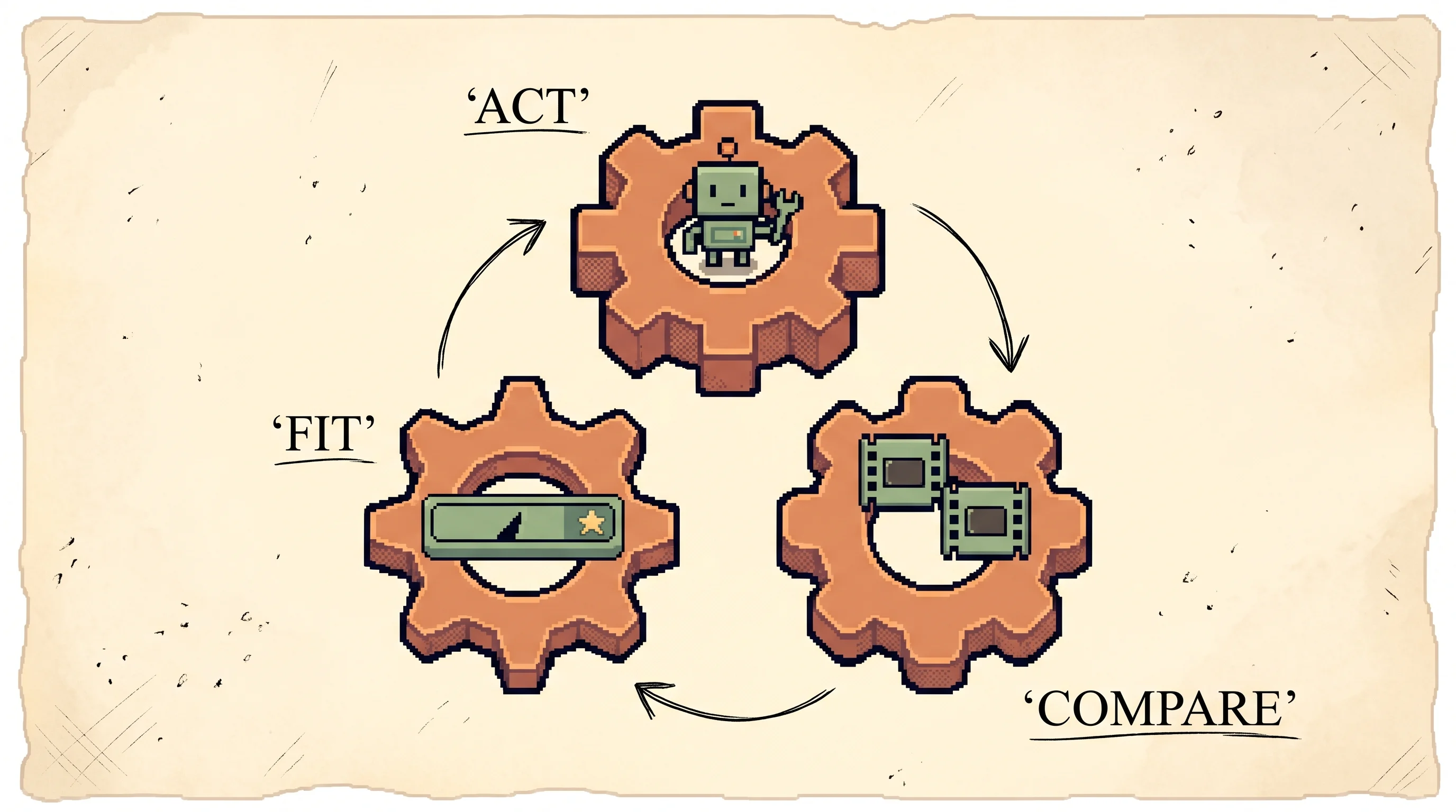 Three pixel-art gears linked in a ring on parchment, one labelled act, one labelled compare, one labelled fit, ink arrows showing trajectories flowing from act to compare and reward flowing from fit back to act, showing the three processes that run at the same time and feed each other.