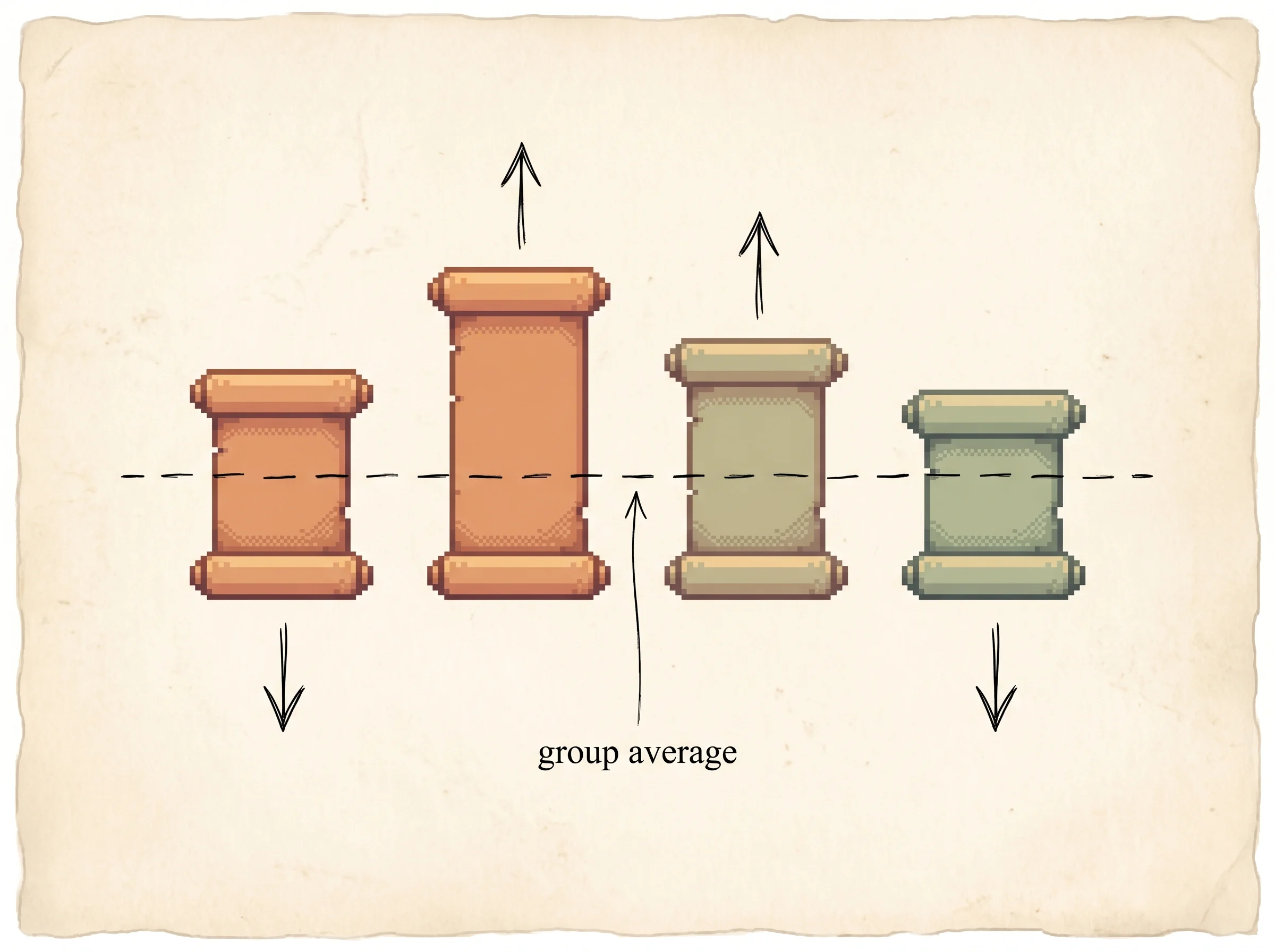 Four pixel-art answer scrolls of different heights standing for their reward scores, with a dashed line marking the group average running across them; scrolls above the line get an ink arrow pushing up and scrolls below get an arrow pushing down, showing that an answer's advantage is its reward measured against the group average.