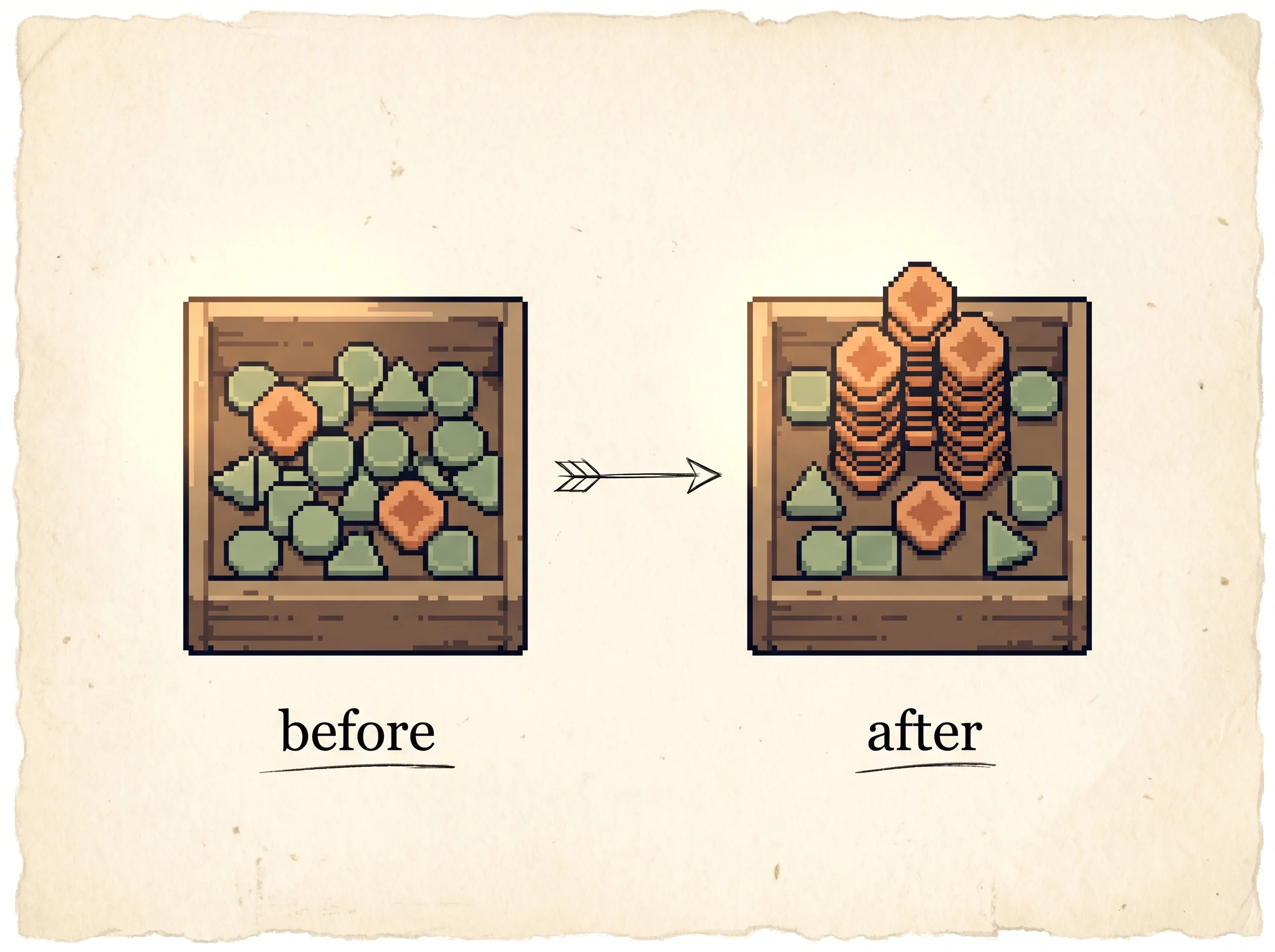 Two crates of answer tokens labelled before and after. The before crate holds a scattered mix where only a couple of tokens are the clay-orange correct one. The after crate holds the same distinct token shapes but now the correct clay-orange token is stacked tall, showing that the model picks the correct answer far more often without gaining any new answer it could not already produce.