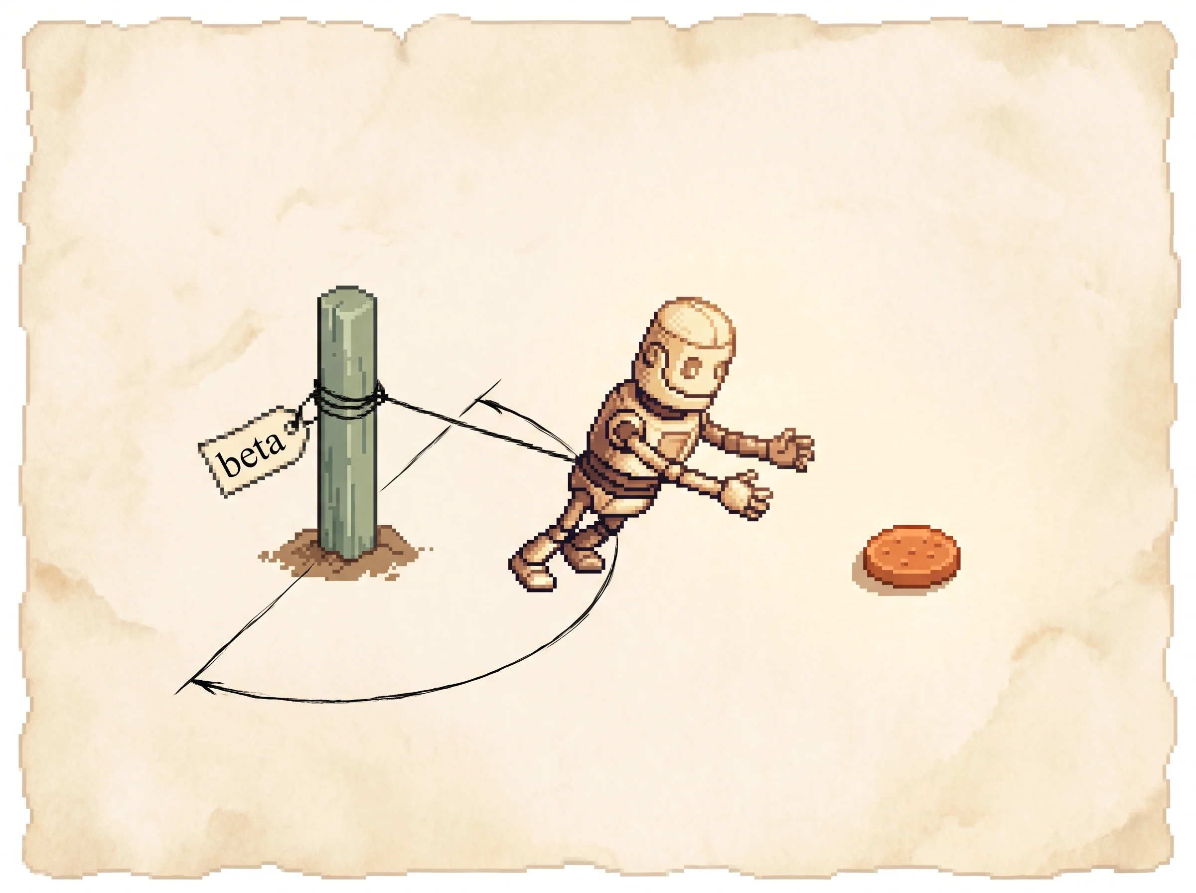 A pixel robot on a leash anchored to a wooden stake tagged beta, straining toward a clay-orange treat but held back, with an inked arc marking how far it can roam, showing that beta sets how far the trained model is allowed to drift from the model it started as.