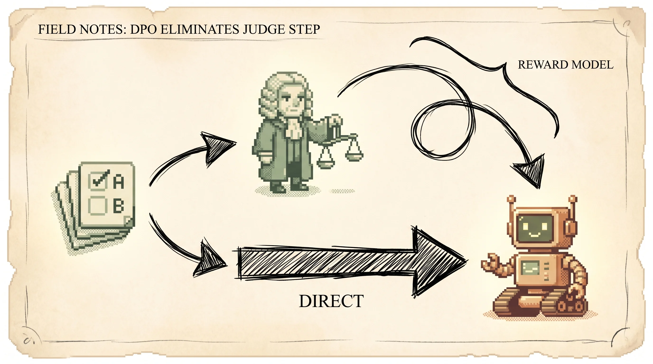 A stack of preference cards splits into two inked routes: the long top route runs through a wig-wearing judge holding a scale and loops back before reaching a pixel robot, while the bold bottom route labelled direct goes straight from the cards to the robot, showing that DPO drops the separate reward model and reinforcement learning loop and trains the model in one step.