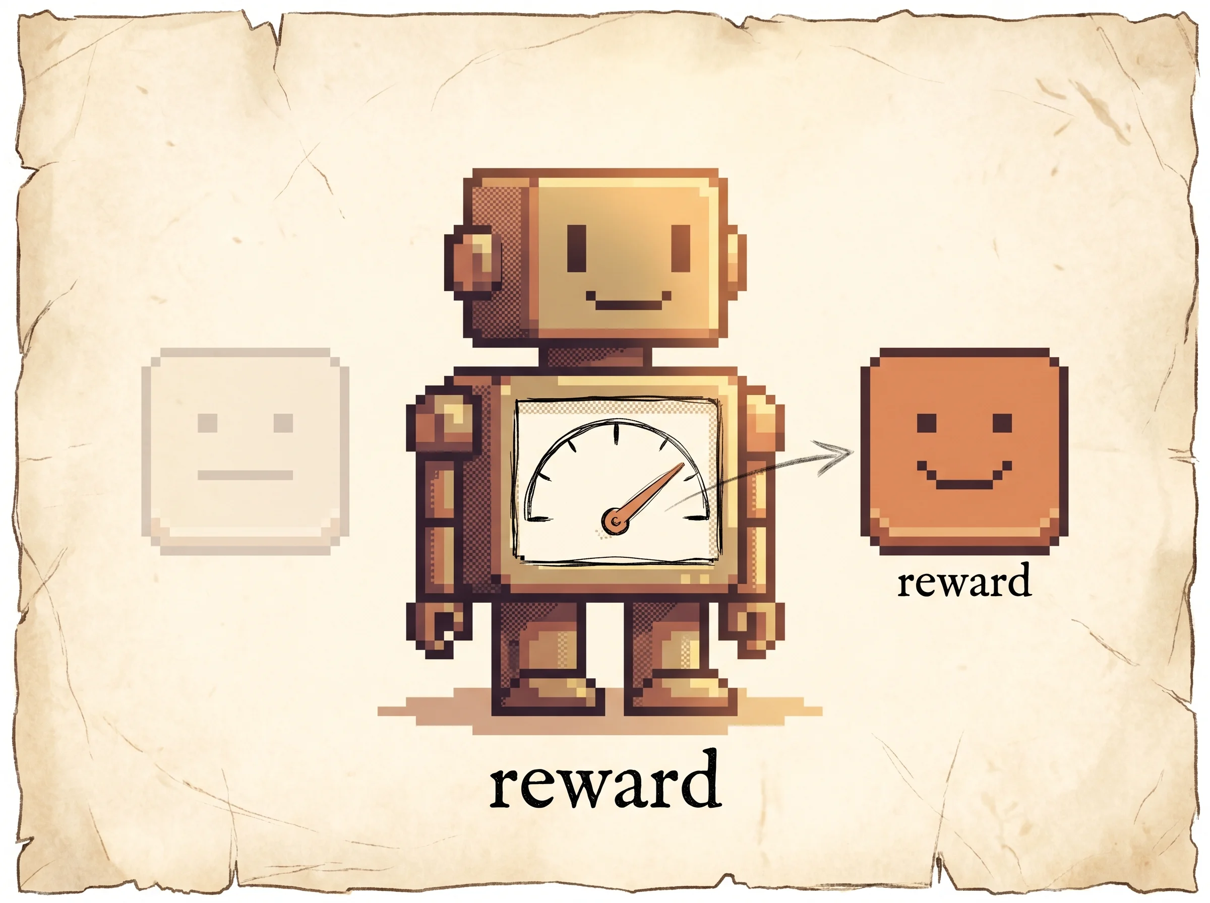 A pixel robot with a gauge dial sketched inside its chest, the needle leaning toward a clay-orange smiling reply tile and away from a faded one, showing that the language model carries its own reward score as the log-ratio of how much likelier it makes a reply than the reference model.
