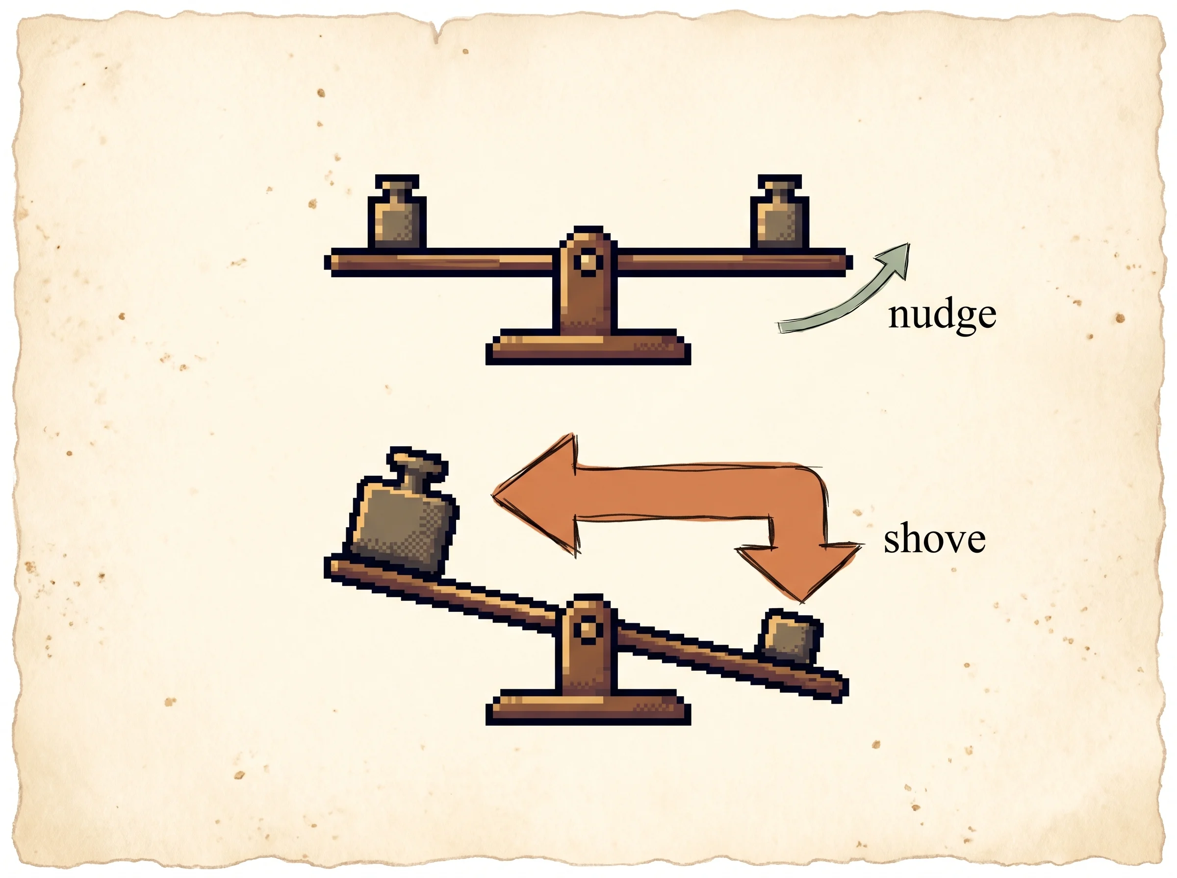 Two pixel seesaw scales, the top one already level beside a thin sage nudge arrow and the bottom one tipped the wrong way beside a thick clay-orange shove arrow, showing that DPO leans hardest on the pairs the model currently ranks wrong and barely touches the pairs it already ranks right.