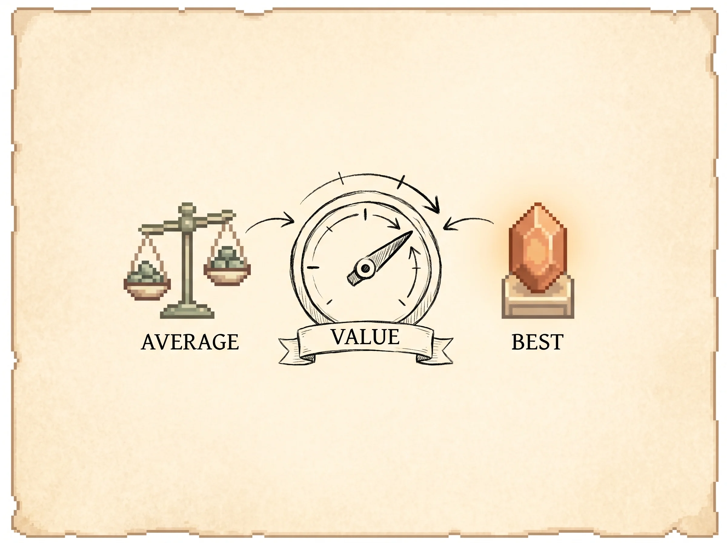 A hand-inked dial labelled value sits between a pixel-art scale weighing pebbles on the left, labelled average, and a glowing clay-orange gem on a pedestal on the right, labelled best, with the pointer sliding toward the gem, showing that a node's backed-up value starts as the average of its playouts and slides toward the best one as more playouts arrive.