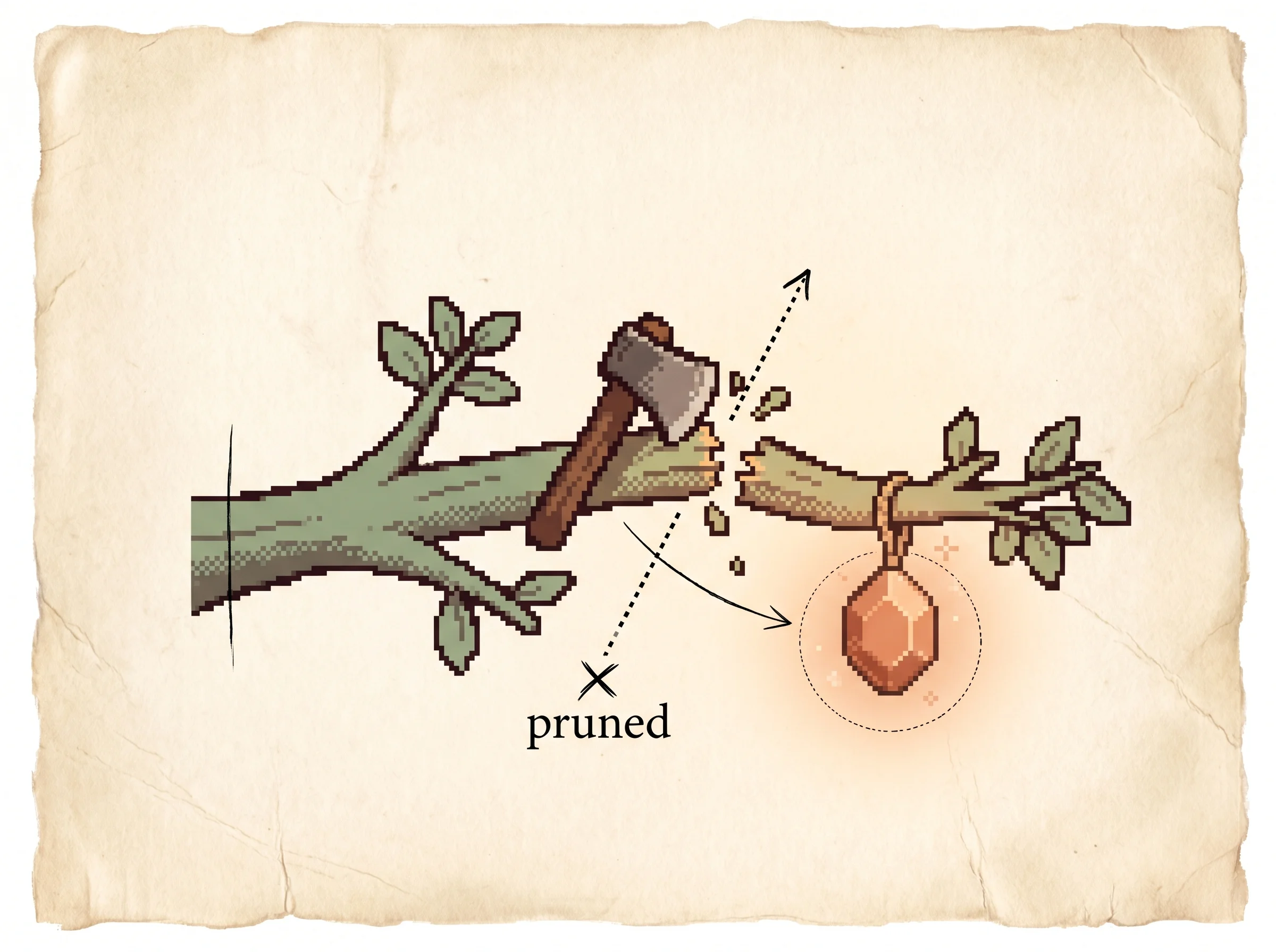A pixel-art hatchet chops through a green branch marked pruned while a glowing clay-orange gem hangs on that very branch, about to fall away, showing that cutting off a move on a few unlucky early playouts can throw away the move that was secretly best.
