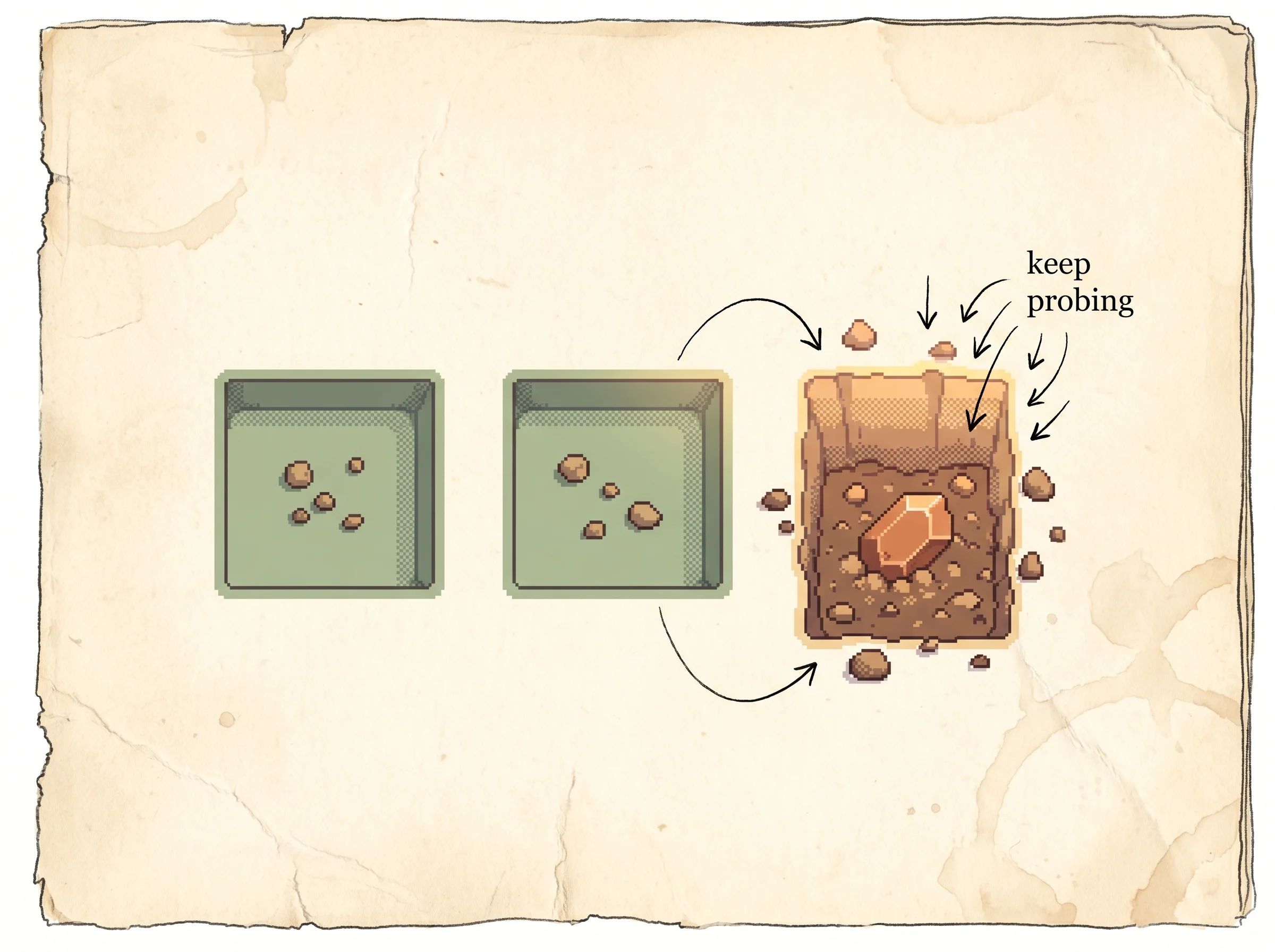 Three pixel-art dig sites in a row, two shallow sage holes with a few pebbles and one deeper hole with a glowing clay-orange gem half-buried in dirt, with ink arrows still sending probes into the gem hole, showing that a good move can look bad at first so the search keeps probing it instead of giving up.