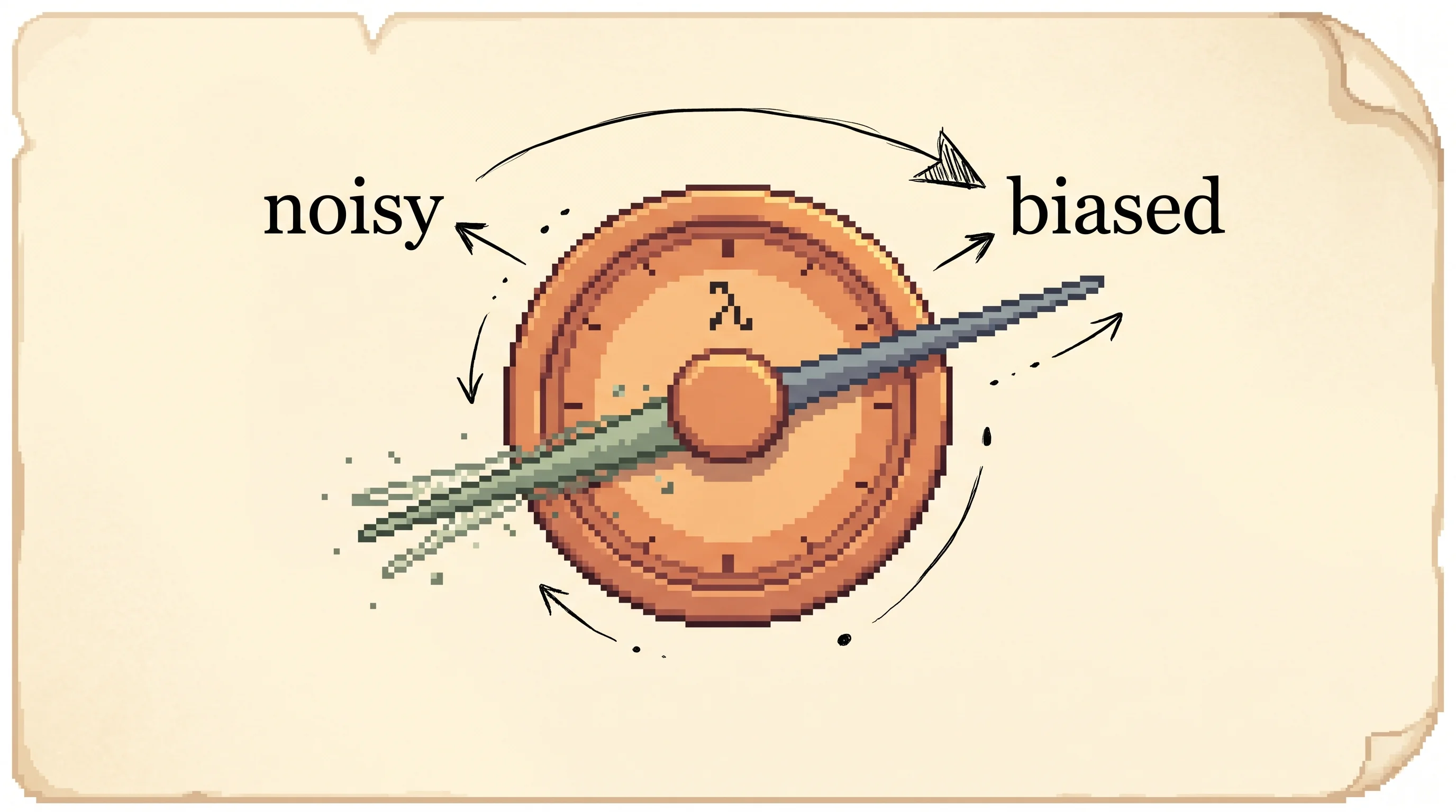 A clay-orange dial labelled lambda sits between a jittery sage needle on the left marked noisy and a steady but tilted slate needle on the right marked biased, showing that one knob slides the reward estimate between a noisy honest guess and a calm but biased one.