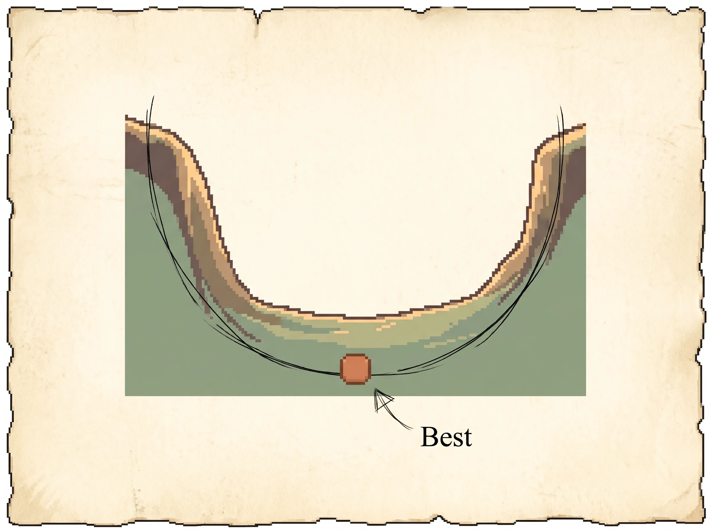 A sage U-shaped valley curve with a clay-orange marker resting at the lowest point and an ink arrow marked best pointing to it, showing that error is high at both extremes of lambda and lowest at an intermediate value.