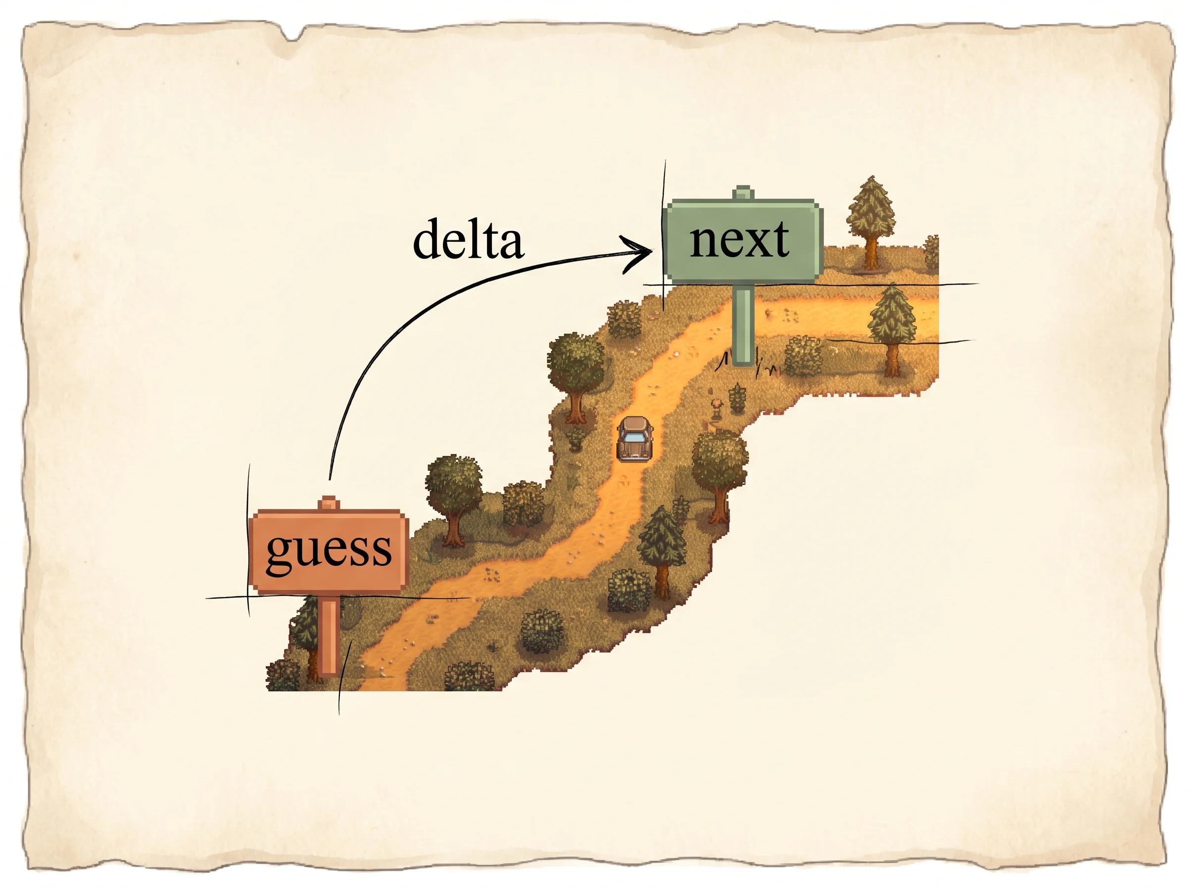 A pixel car partway along a winding road, with a clay-orange signpost at the start marked guess and a sage signpost one step ahead marked next, an ink arrow arcing between them marked delta, showing that the surprise is the gap between this guess and the next.