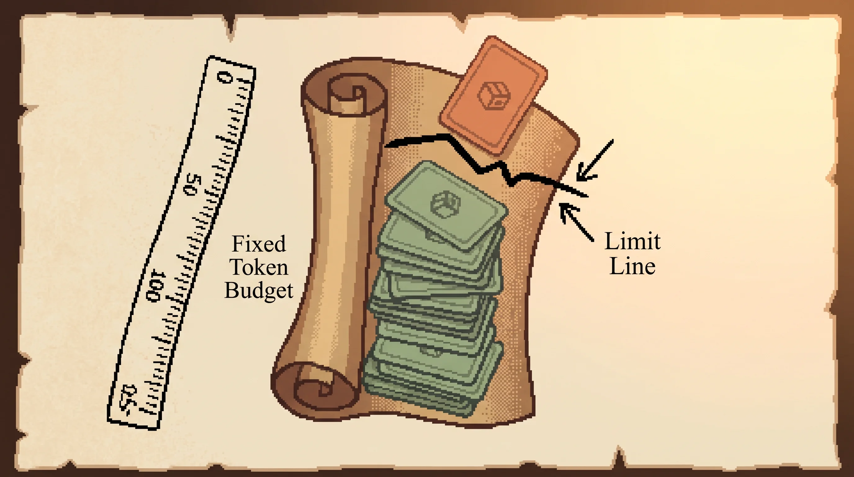 A pixel scroll with a fixed measuring tape down its edge holds a growing stack of example cards that fills toward a hard line marked full, with one clay-orange card spilling past the edge, showing that the context window is a fixed token budget that caps how many examples can fit in the prompt.