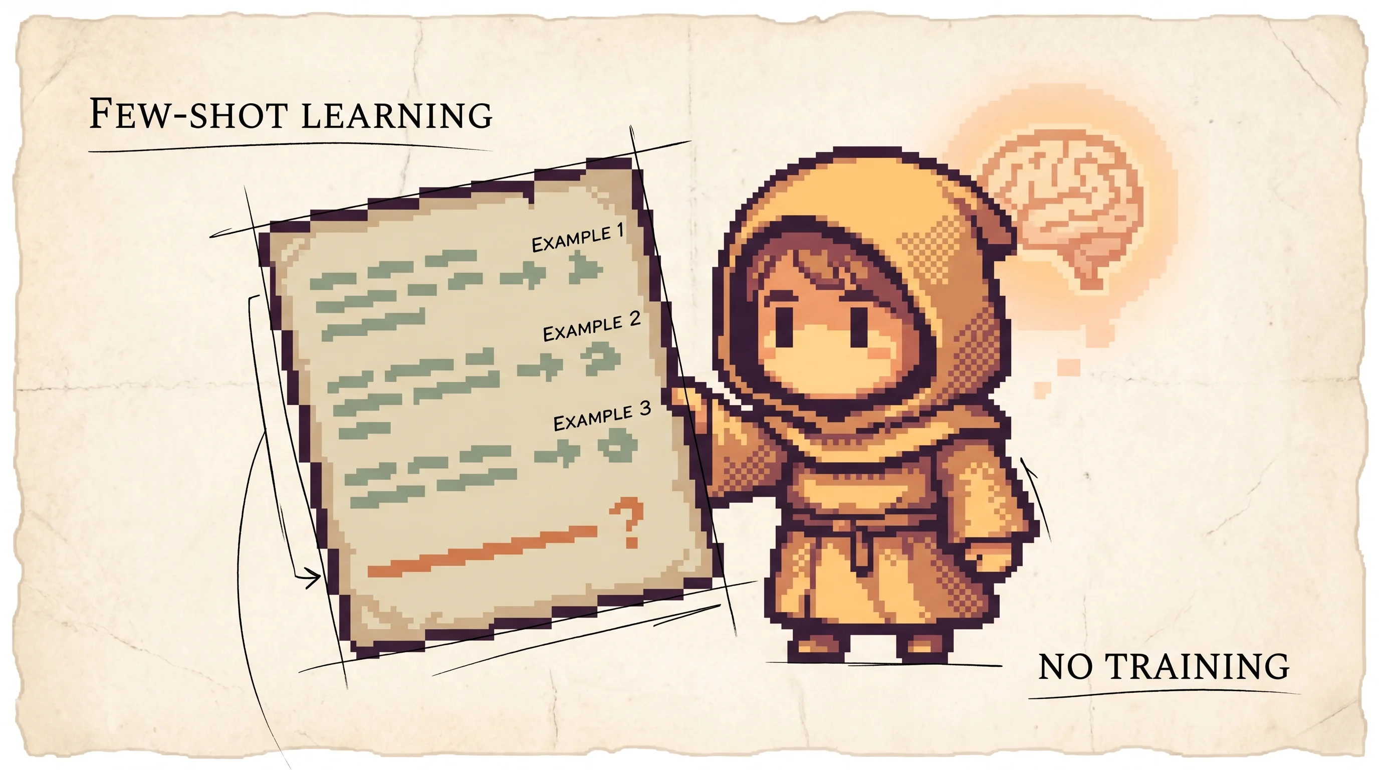 A pixel-art apprentice reads a worn recipe card holding three worked examples, then writes the right answer to a fourth blank line on the same card, while a faint giant brain glows behind it, showing that a big enough language model learns a new task from a few examples in its prompt with no extra training.