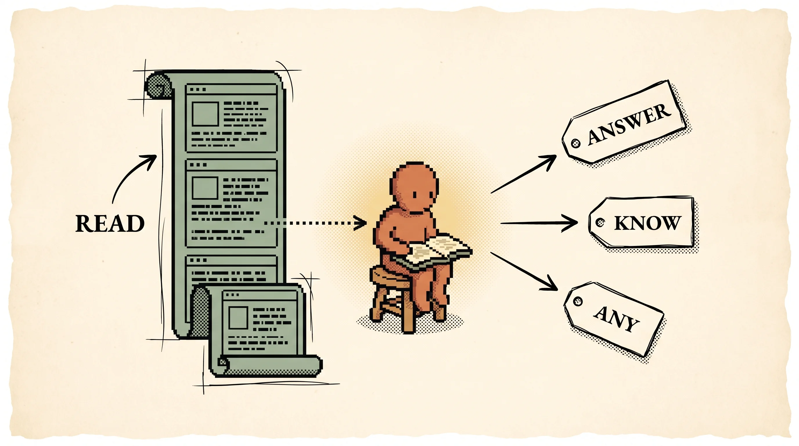 A clay-orange pixel reader sits with an open book between a sage scroll of stacked web pages feeding in from the left and three ink tags fanning out to the right labelled answer, know, and any, showing that one reader of the whole internet can answer any kind of question without being taught the task.