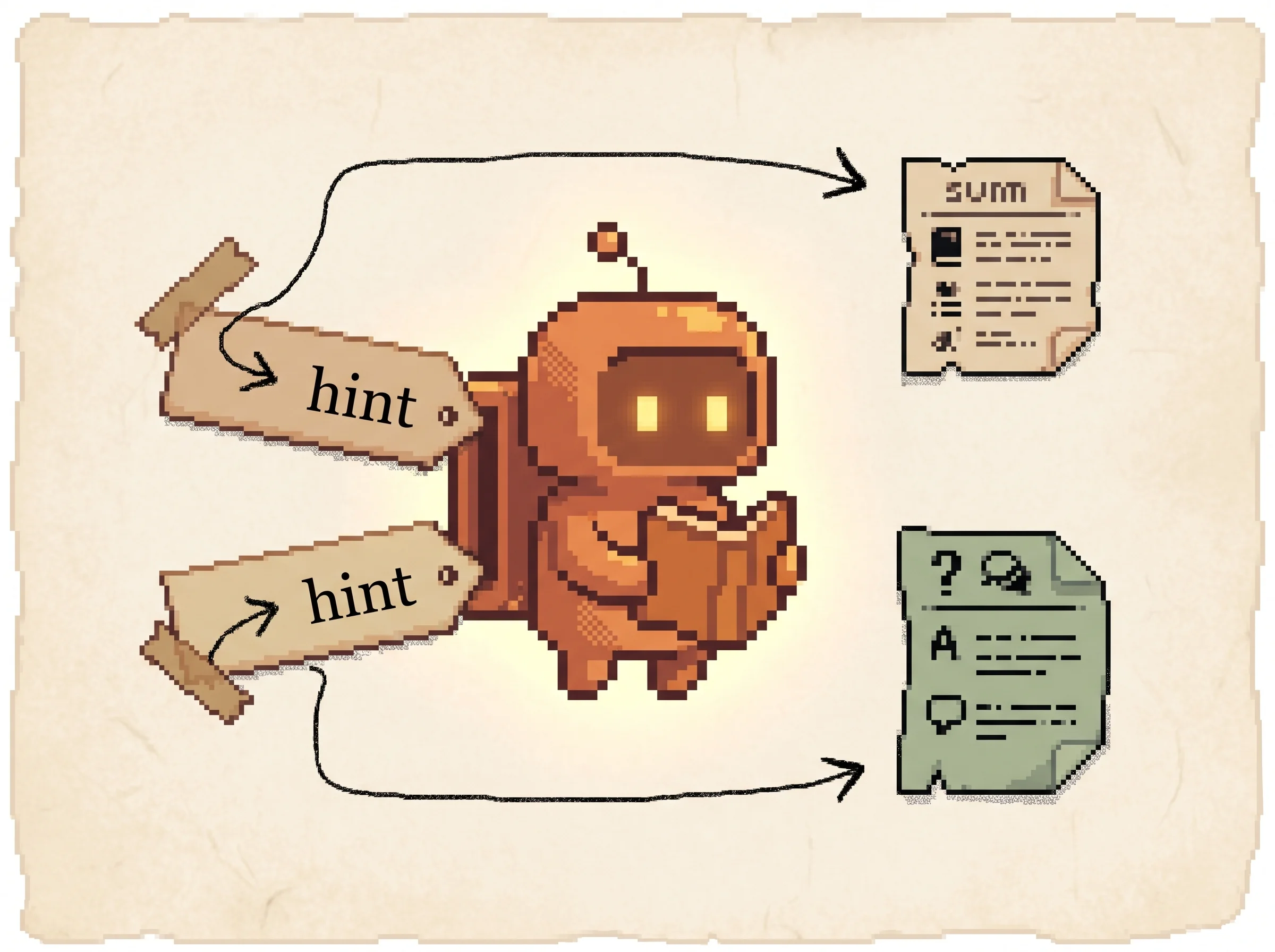 A clay-orange pixel reader has two paper tags labelled hint taped to its input, the top tag leading to a summary scrap and the bottom tag leading to a sage question-and-answer scrap, showing that a short plain-language hint in the prompt tells the same model which task to do.