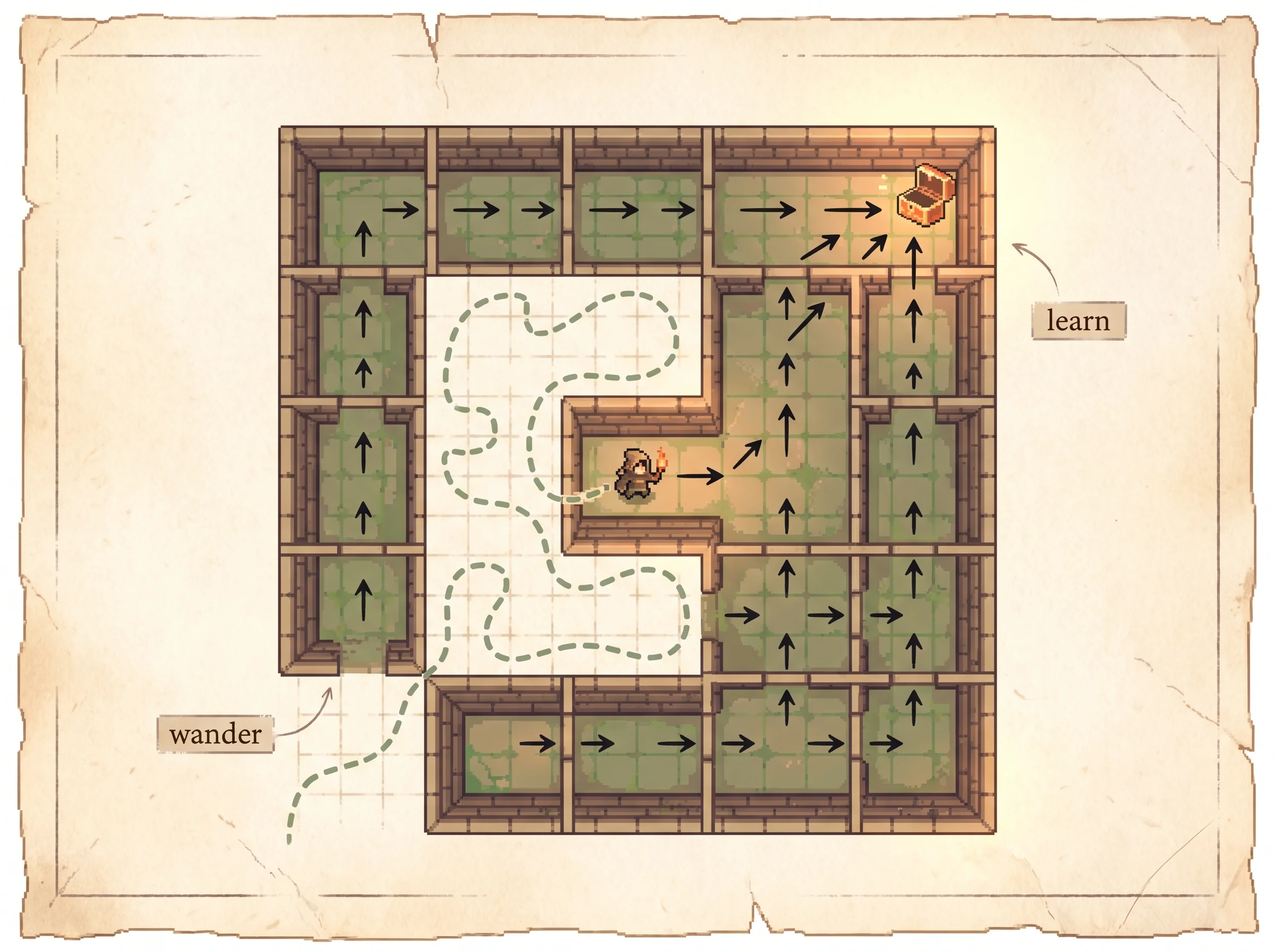 A pixel dungeon on parchment with a treasure chest in the corner, a meandering sage-green dashed path labelled wander tracing an explorer's random route, and a separate field of clean solid black ink arrows in every room all pointing along the shortest route to the chest labelled learn, showing that an agent can wander any way it likes and still learn the one best route.