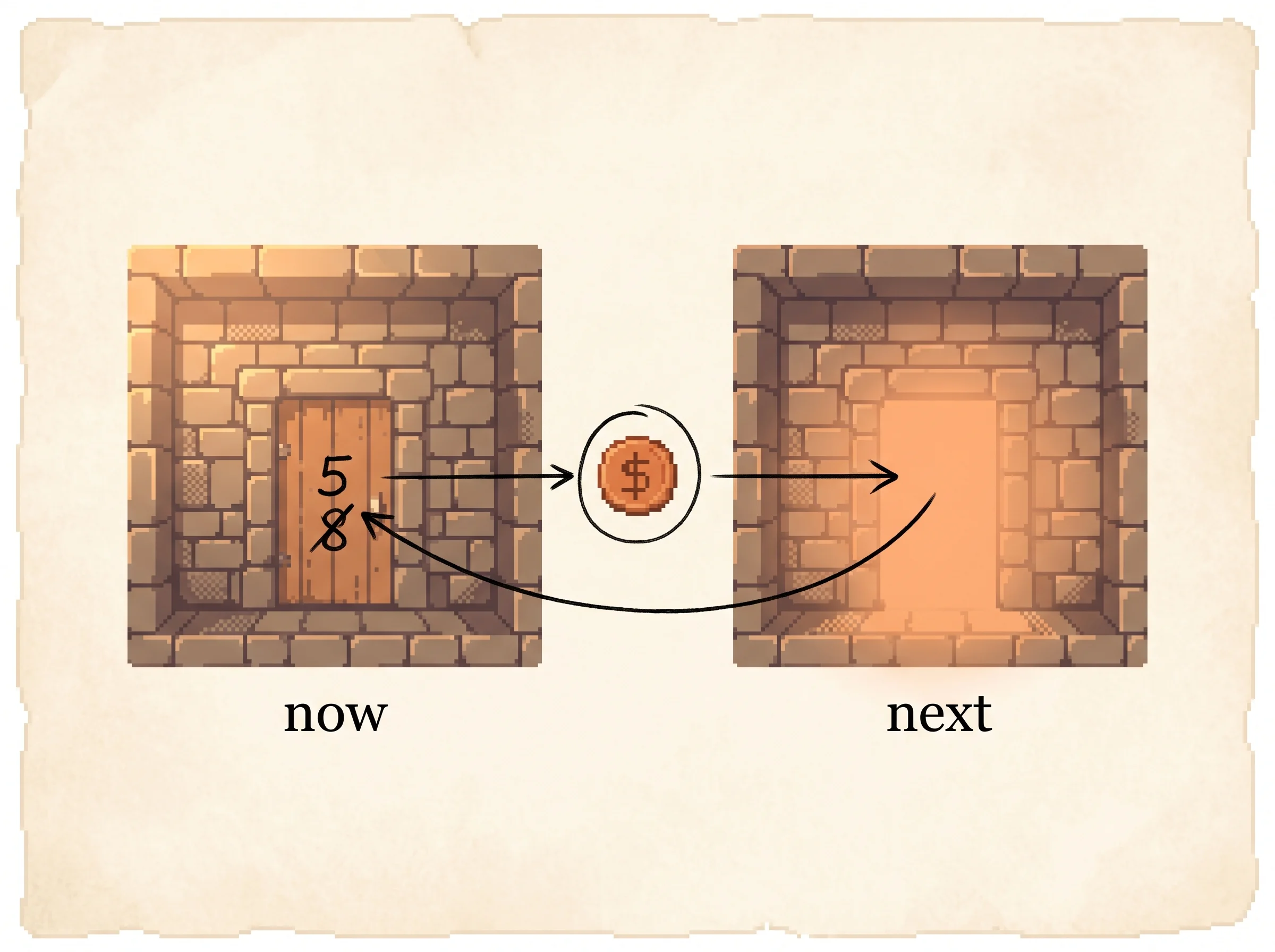 Two pixel stone rooms labelled now and next on parchment, a clay-orange reward coin between them, an ink arrow leaving the now room through a door and a curved ink arrow feeding the glowing next room's value back to revise the number written on the door, showing that one step nudges a single move's score toward the reward plus the best value of where it leads.