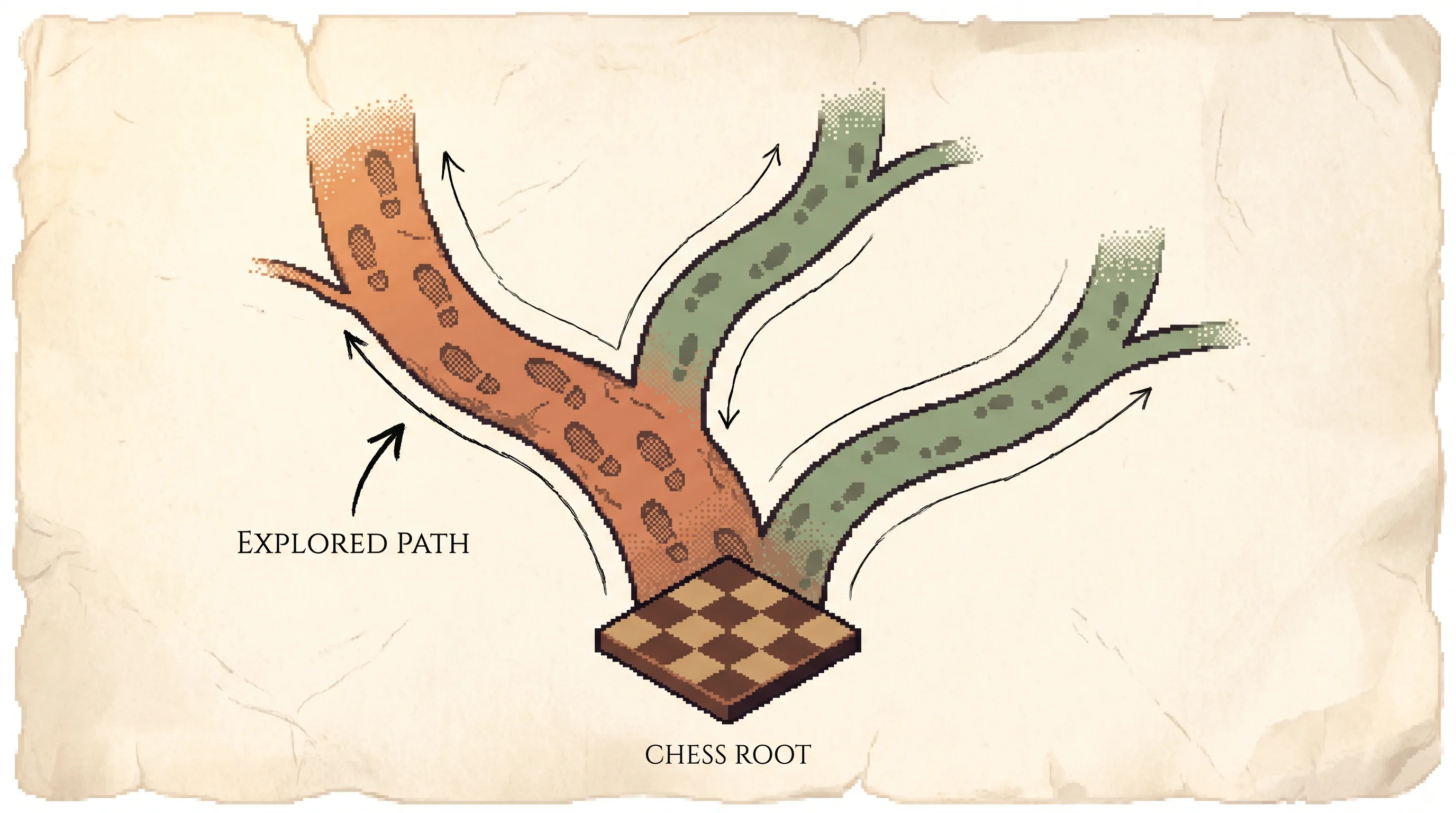 A pixel chessboard sits at the root of forking forest trails, one trail worn clay-orange with heavy footprints while the others stay faint sage green, an ink arrow marking the most-walked branch, showing that the search explores the most promising lines hardest and plays the branch it walked most.