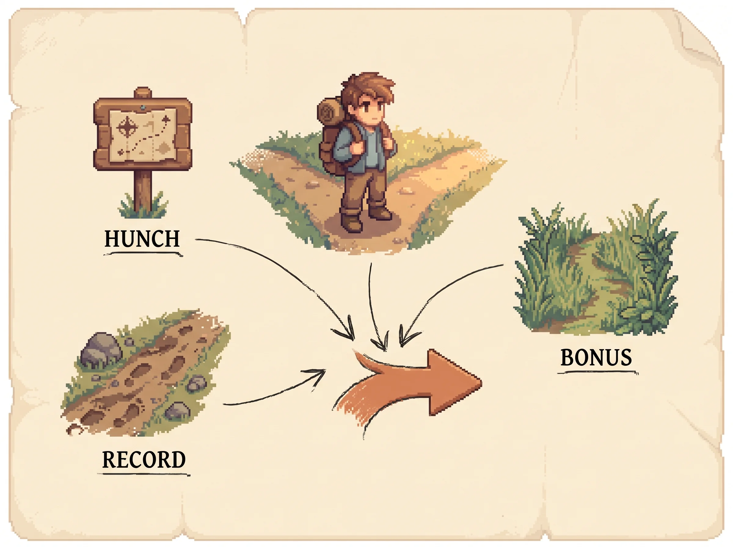 A pixel hiker at a forked trail weighs three things, a signpost map for the net's hunch, a worn footpath for the move's track record, and a fresh untouched path for the rarely-tried bonus, three ink arrows converging into one clay-orange chosen arrow, showing that each step down the tree balances prior, value, and visit count.