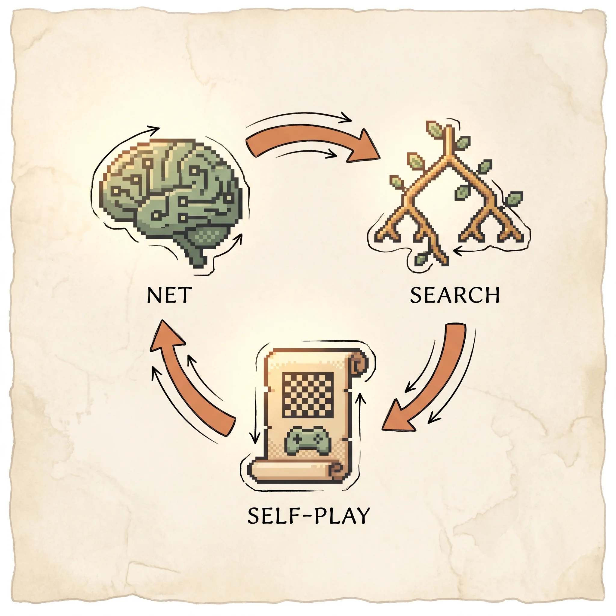 A ring of three pixel tiles joined by clay-orange arrows, a brain-chip for the neural net, a small search tree, and a scroll of self-play games, showing that search makes the net stronger and the stronger net makes the search smarter, round after round.