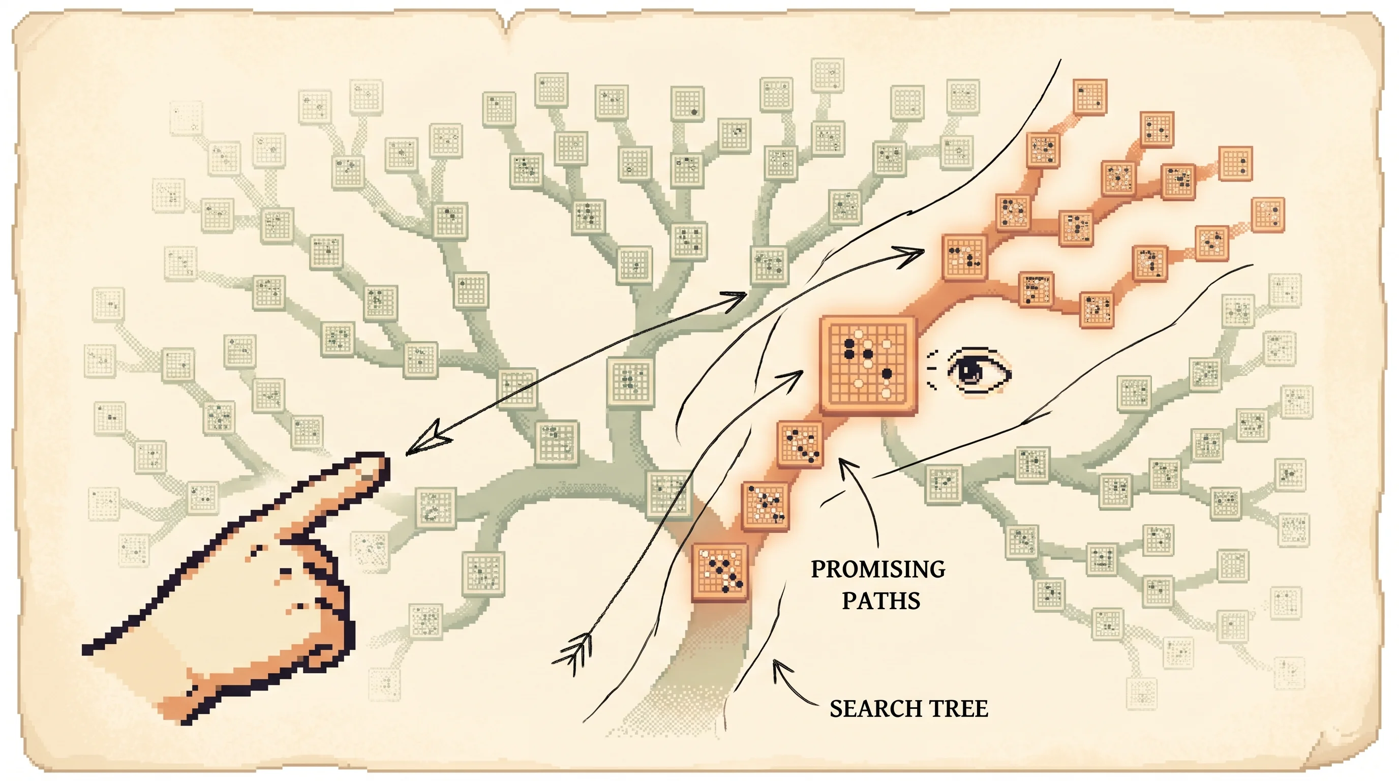 A huge pale pixel-art tree of tiny Go-board futures where only two or three branches glow clay-orange, a coach hand points at them and a small inked eye reads one board, showing that the program searches just a few promising lines instead of every possible game.