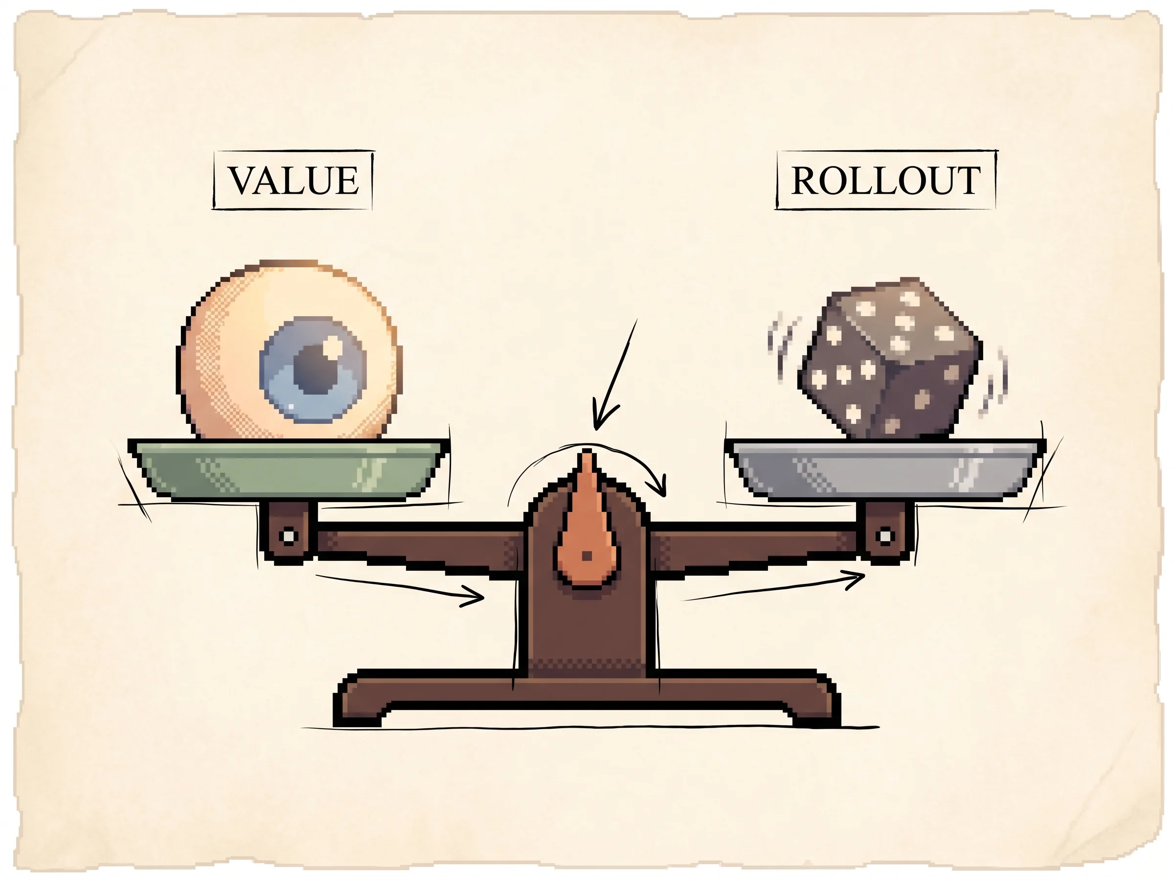 A balance scale weighing a pixel eye on one pan against a fast pixel rolling die on the other, with the inked pointer resting in the middle, showing that the best estimate of who is winning blends the value network's glance with a quick random playout.