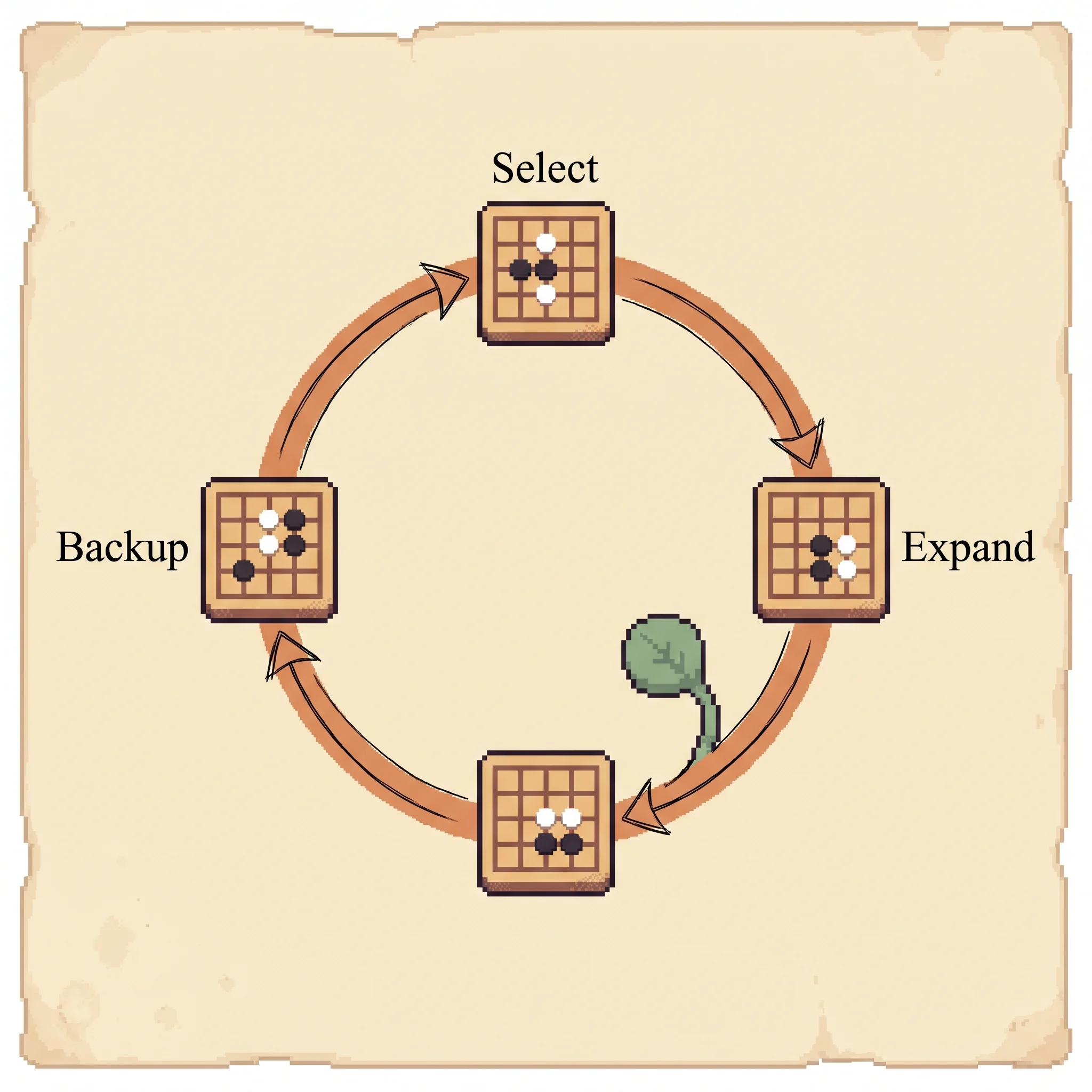 Four small pixel Go-board tiles arranged in a ring joined by a clay-orange circular arrow through select, expand, judge, and back-up, with a sage-green node budding off the ring, showing the four-step loop the search repeats thousands of times to grow its tree.