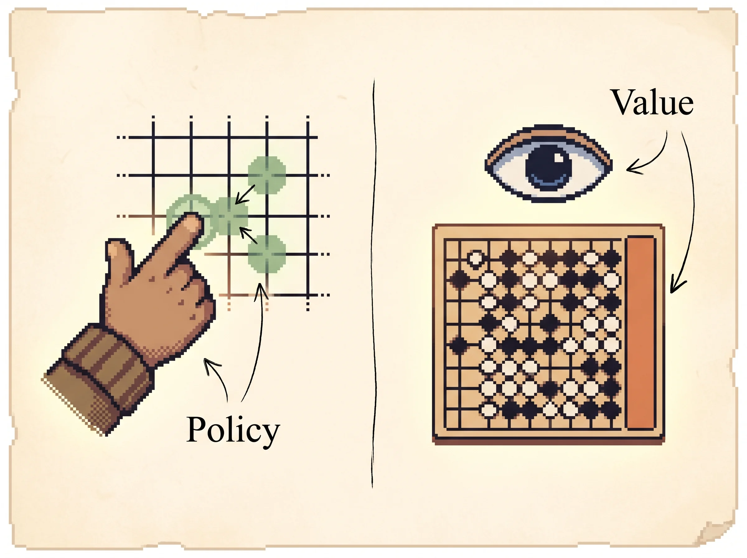 On the left a pixel coach hand points at two or three highlighted points on a board, on the right a calm pixel eye reads a full board with a clay-orange winner bar, showing that the policy network picks moves worth trying while the value network calls who is ahead.