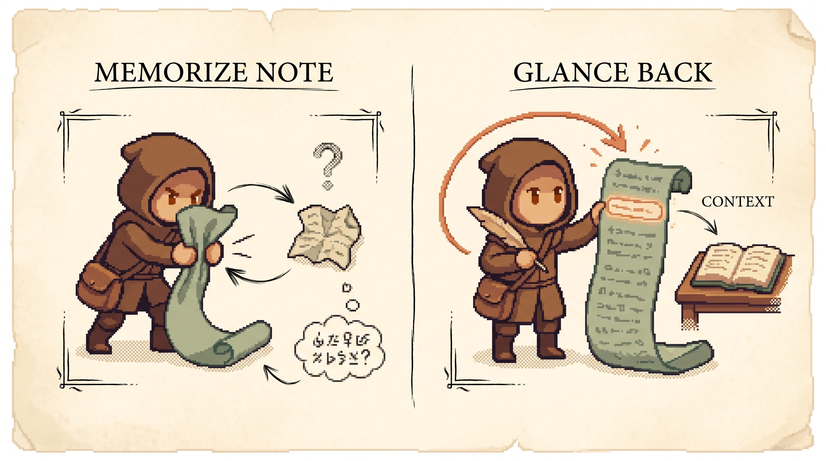 On the left a pixel translator squeezes a long scroll down into one tiny crumpled note marked with a faded question mark, while on the right the same translator keeps the scroll fully open and a clay-orange ink arrow glances from the pen back to one glowing line, showing that re-reading the source beats memorizing it as a single fixed summary.