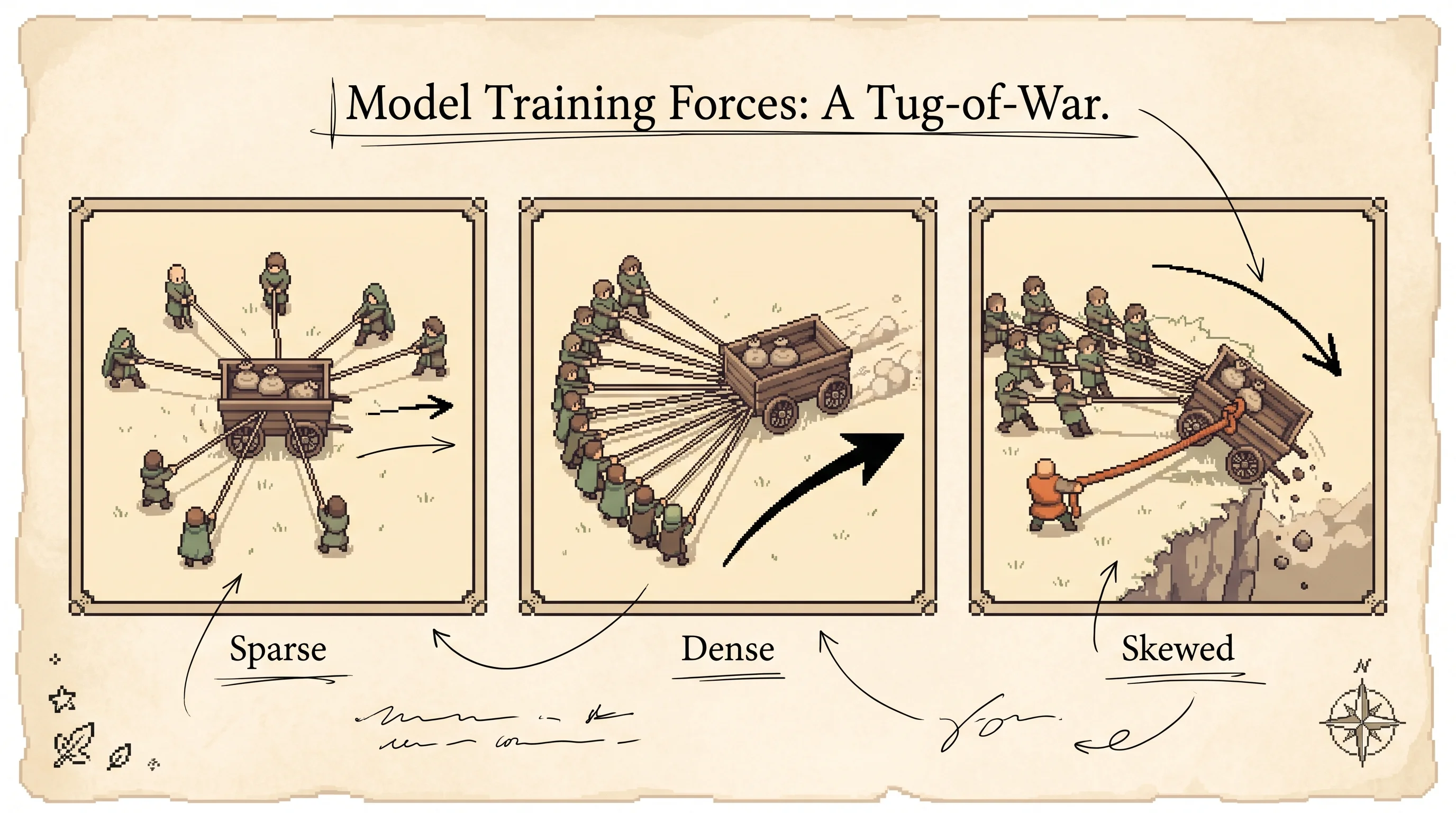 Three framed pixel-art tug-of-war panels in a row, where the left team pulls in scattered directions and the cart barely moves, the middle team pulls together in a fan and the cart rolls far, and the right team has one huge clay-orange rope yanking the cart off a cliff, showing that SFT, RL, and self-distillation are three different shapes of pulling force and the shape decides the outcome.
