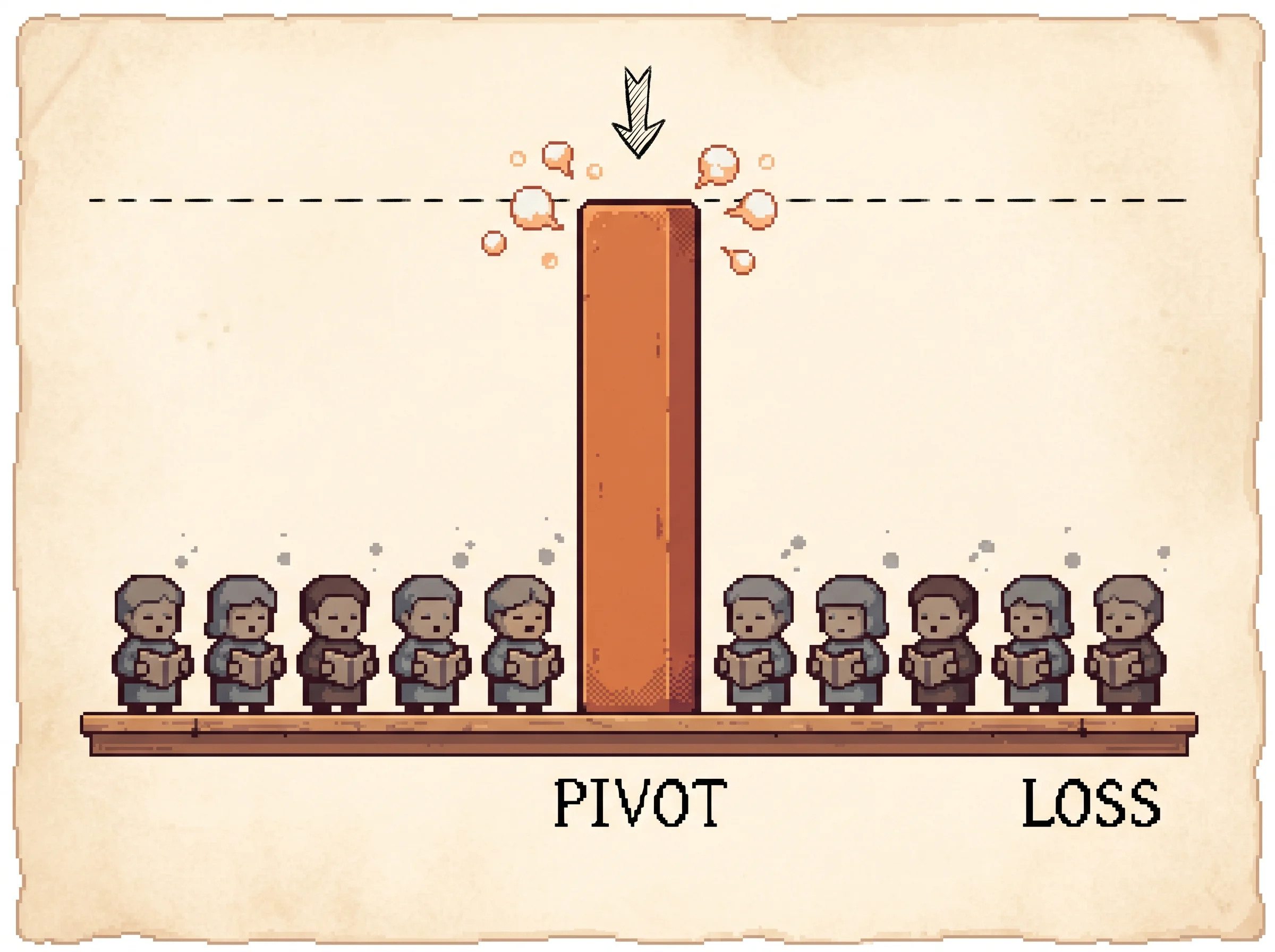 A row of evenly short pixel-art figures on a stage with one single towering clay-orange bar near the middle, a dashed cap line drawn across near its top and a downward ink arrow over it, showing that one pivot token the teacher loves and the student barely supports dominates the training loss until a per-token clip caps it.