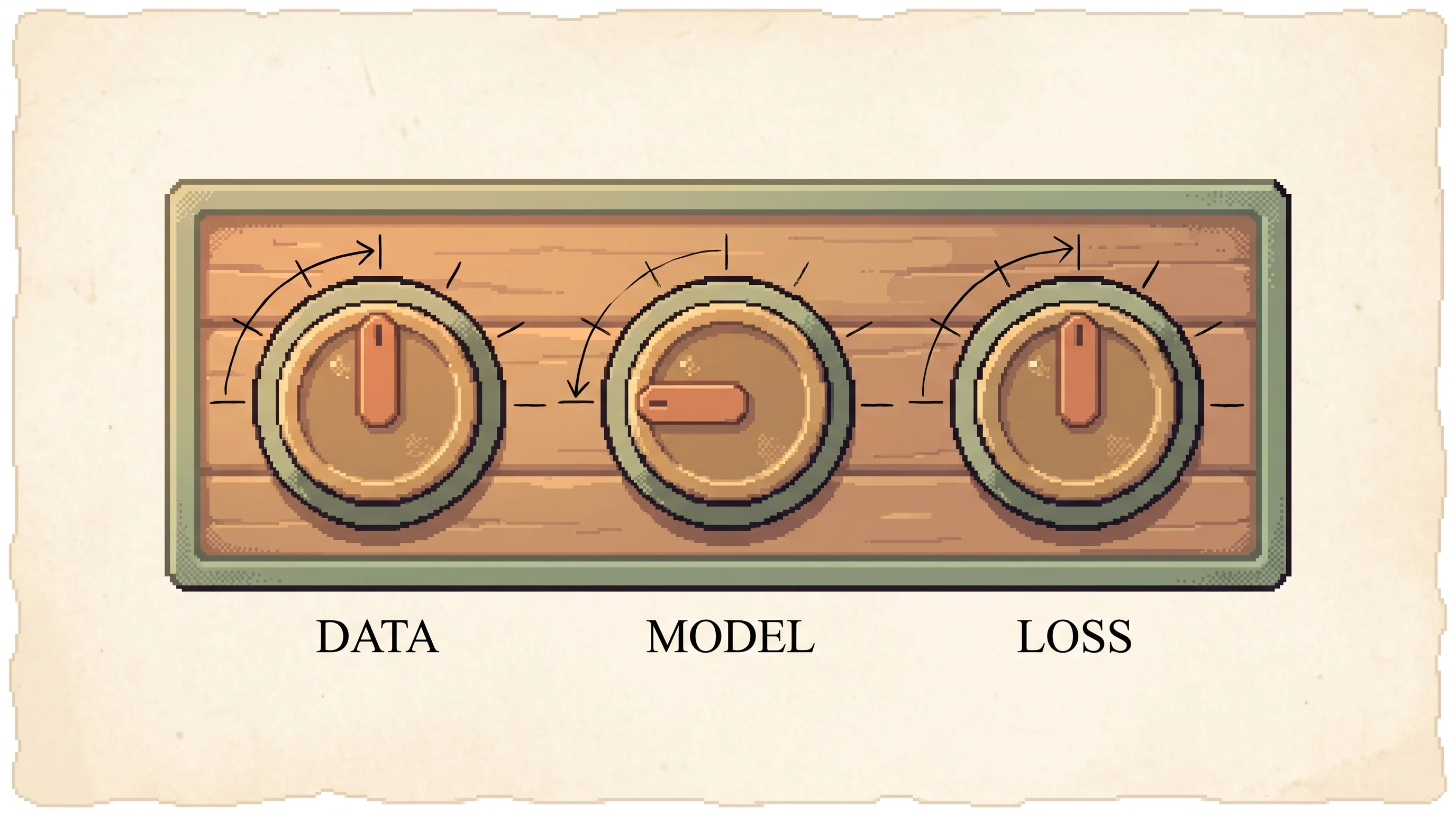 Three brass pixel-art control dials on a warm wooden workshop panel with sage-green trim, each clay-orange pointer set to a different angle with inked tick marks, showing that every post-training method is just a setting of three dials for how the data is sampled, who scores each token, and where the teaching comes from.