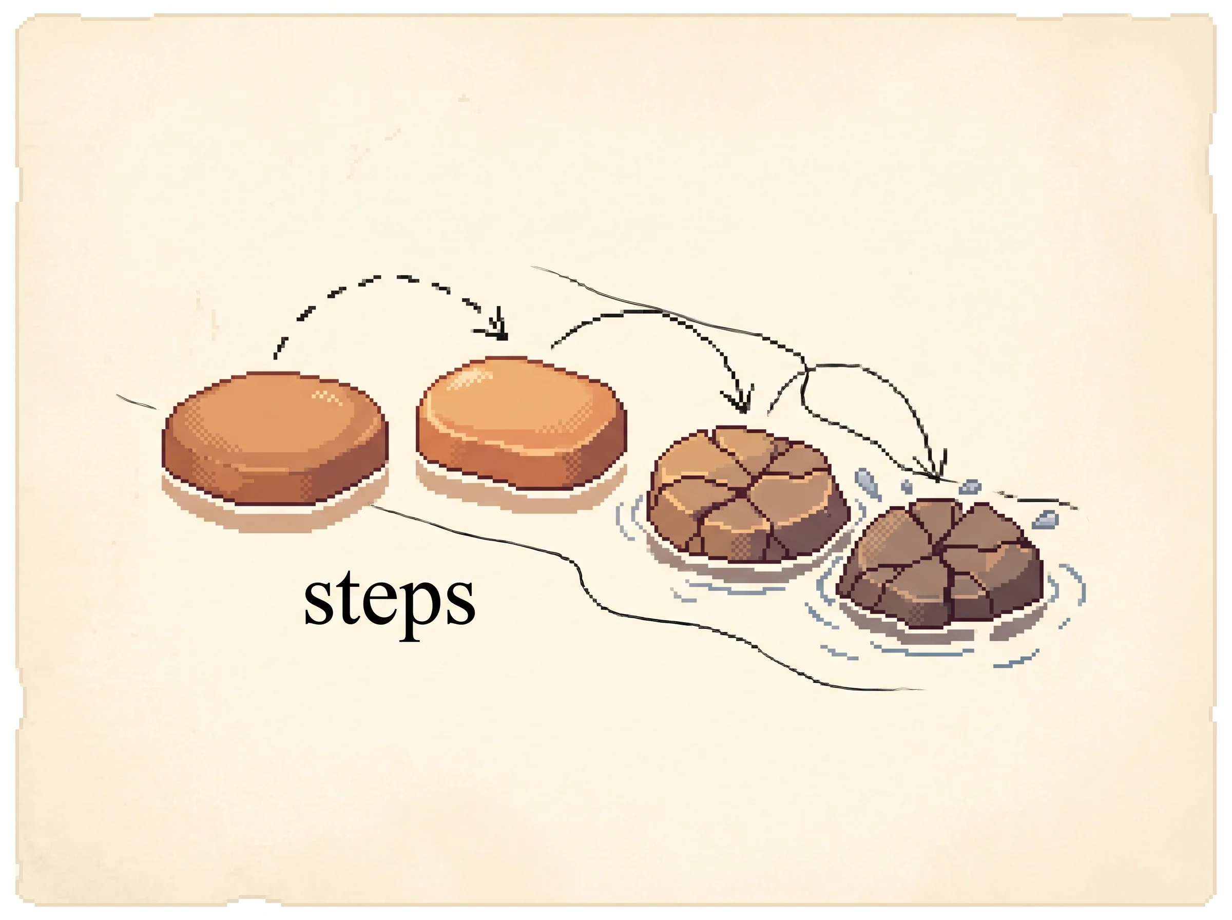 A row of pixel stepping stones across a stream, the first two solid and clay-orange, the far ones cracked and sinking, with a dashed ink path hopping across them, labelled steps, showing that each extra action is another chance to slip so long tasks rarely reach the far side.