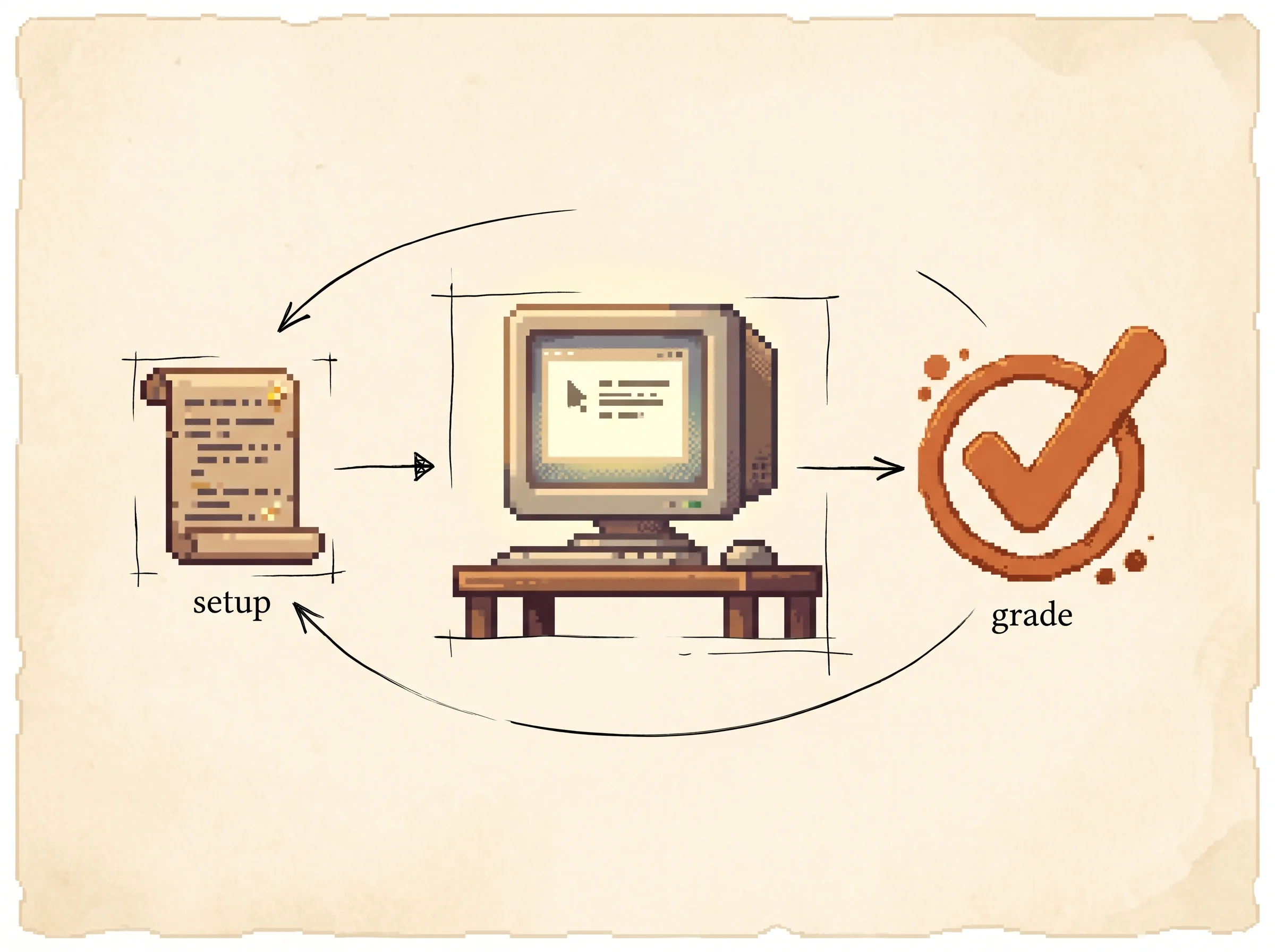A setup scroll feeds a chunky pixel computer monitor, a clay-orange check-mark stamp grades the screen on the right, and thin ink arrows loop the cycle back, labelled setup and grade, showing that the benchmark boots a real machine, lets the agent drive it, then runs a script to score the final state.