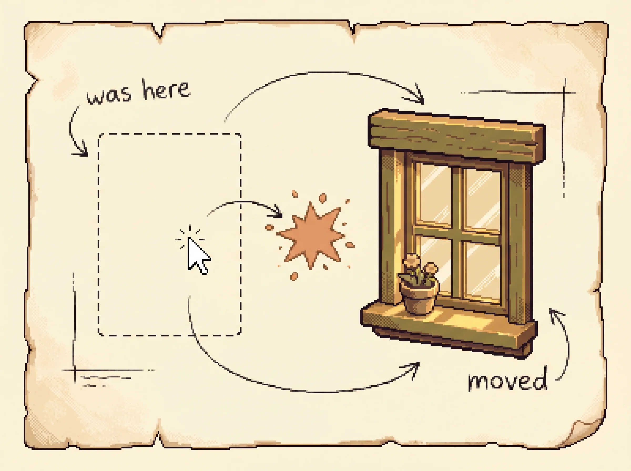 A faint dashed outline of a window where it used to be, the real pixel window now slid to the right, and a cursor still clicking the empty old spot in a clay-orange burst, labelled was here and moved, showing that a small window nudge makes the agent's memorized click land on nothing.